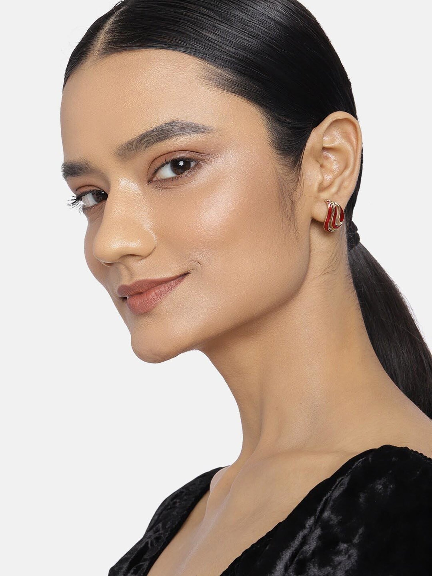 Estele Gold-Plated Red Enamel Leafy Stud Earrings for Women