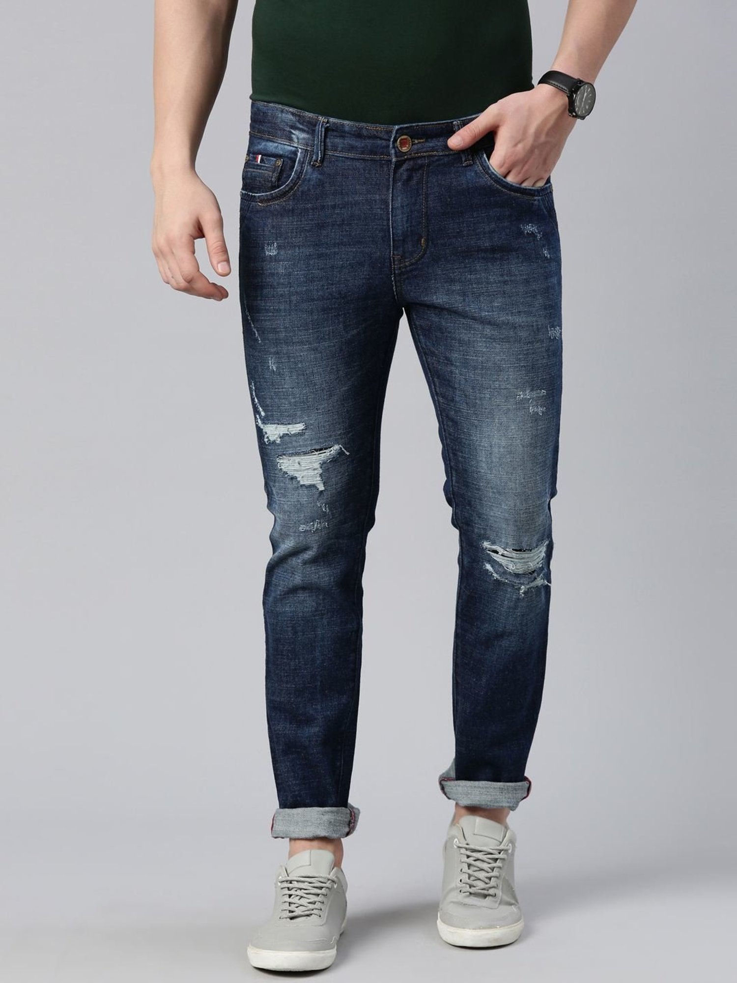 CINOCCI Blue Cotton Slim Fit Distressed Jeans