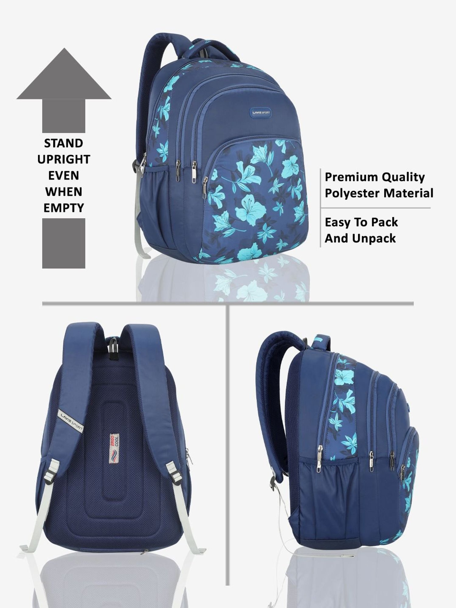 Lavie Sport Cherry Blossom 39L Printed School Backpack with Rain cover for Girls (Navy)