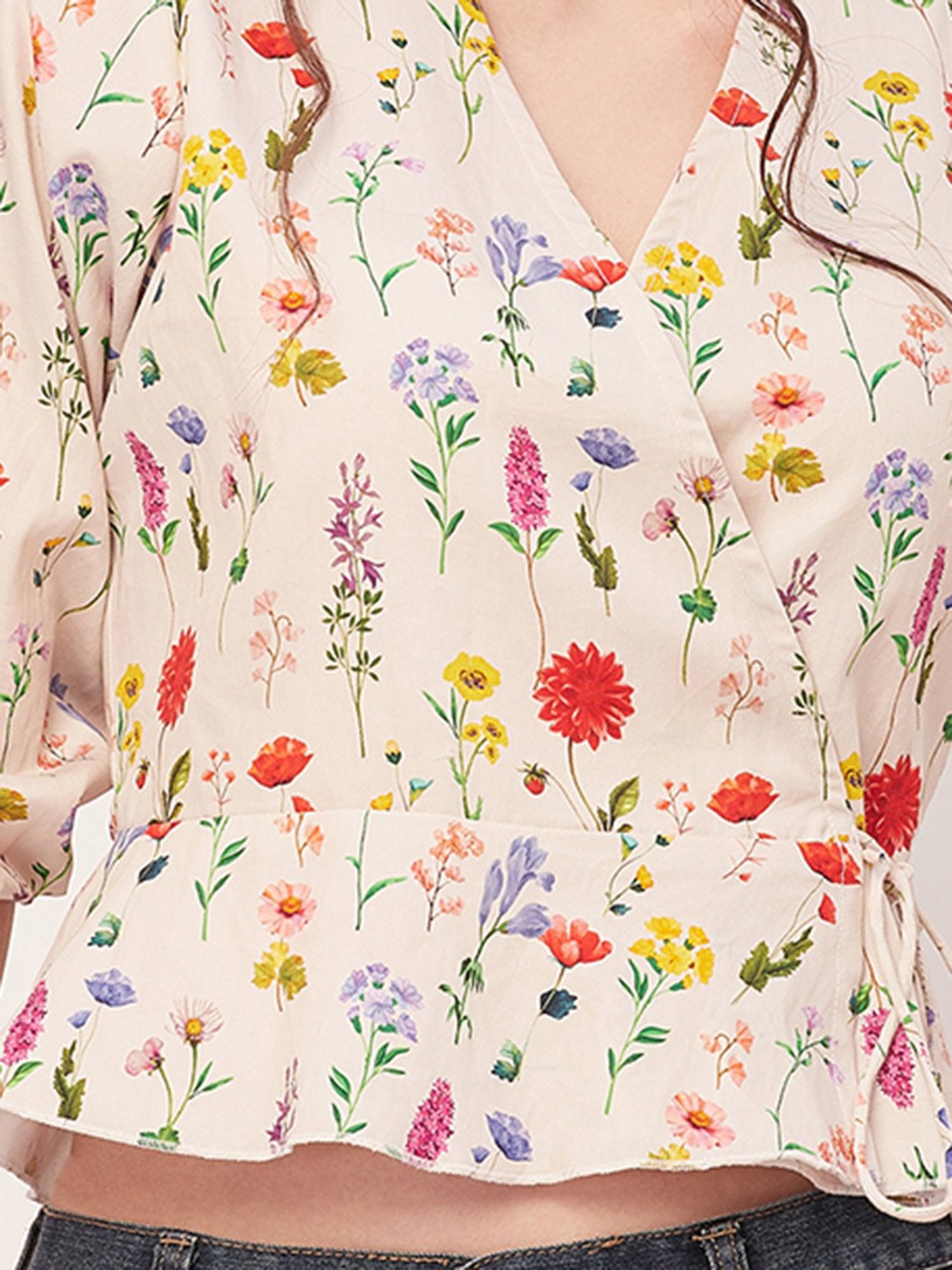 Moomaya Off White Floral Print Crop Top