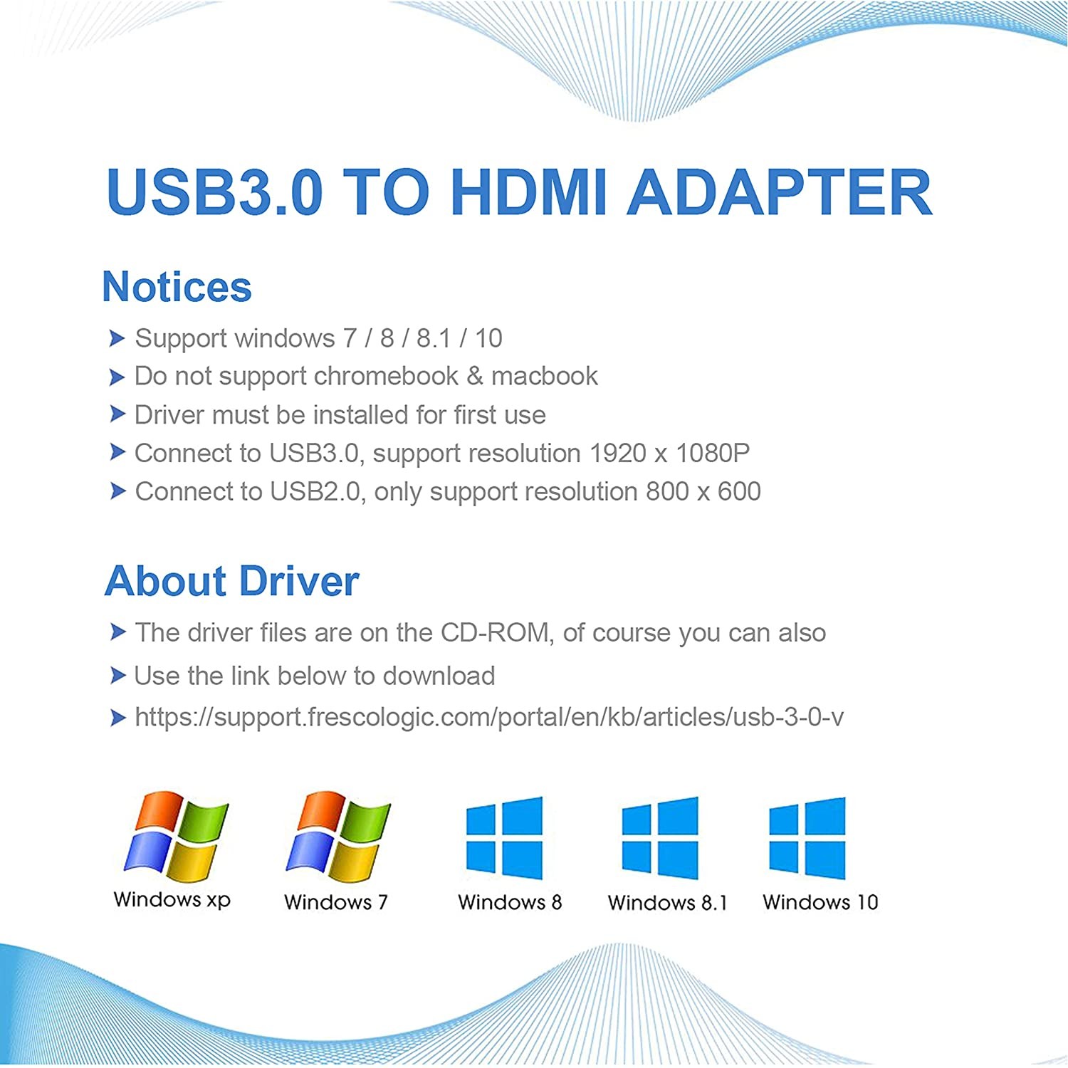USB to HDMI Adapter, 1080P HD Audio Video Converter,USB 3.0/2.0 to HDMI Multiple Monitors Cable Compatible with Windows XP 7/8 / 8.1/10 for PC Laptop Projector HDTV (Not Support Mac, Linux, Vista)