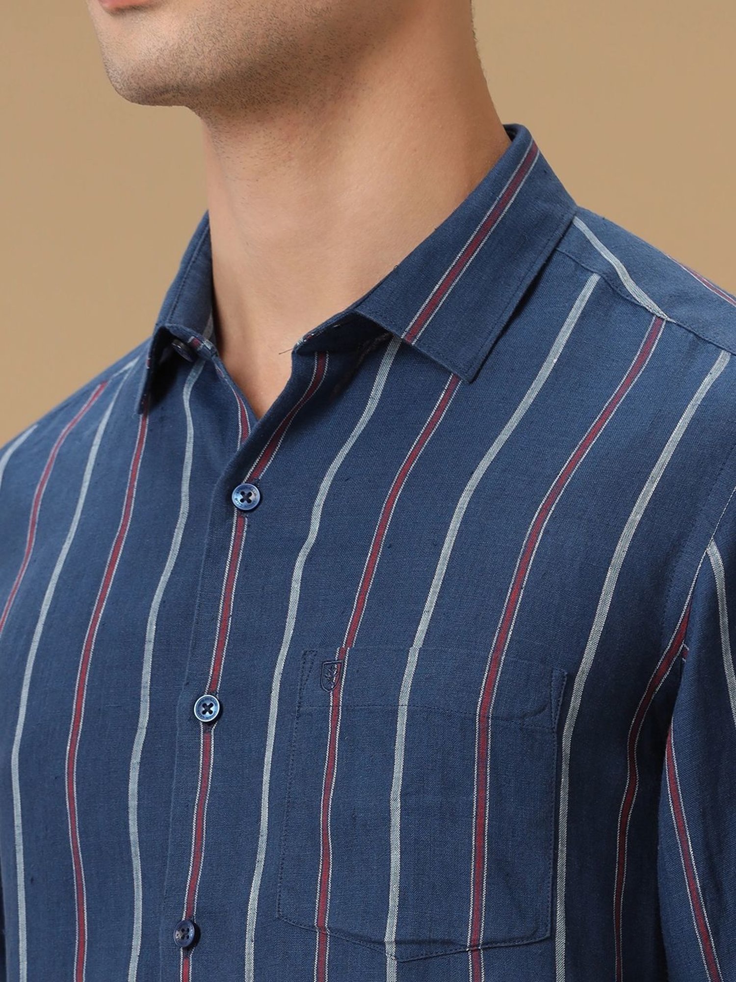 Linen Club Navy Linen Contemporary Fit Striped Shirt
