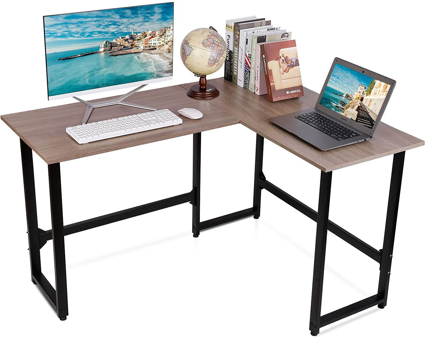 50.4'' Gaming PC Table L-Shaped Computer Desk Home Office Writing Desk with Cork Fixed Footrest Structure Corner Desk, 2-Piece, Brown