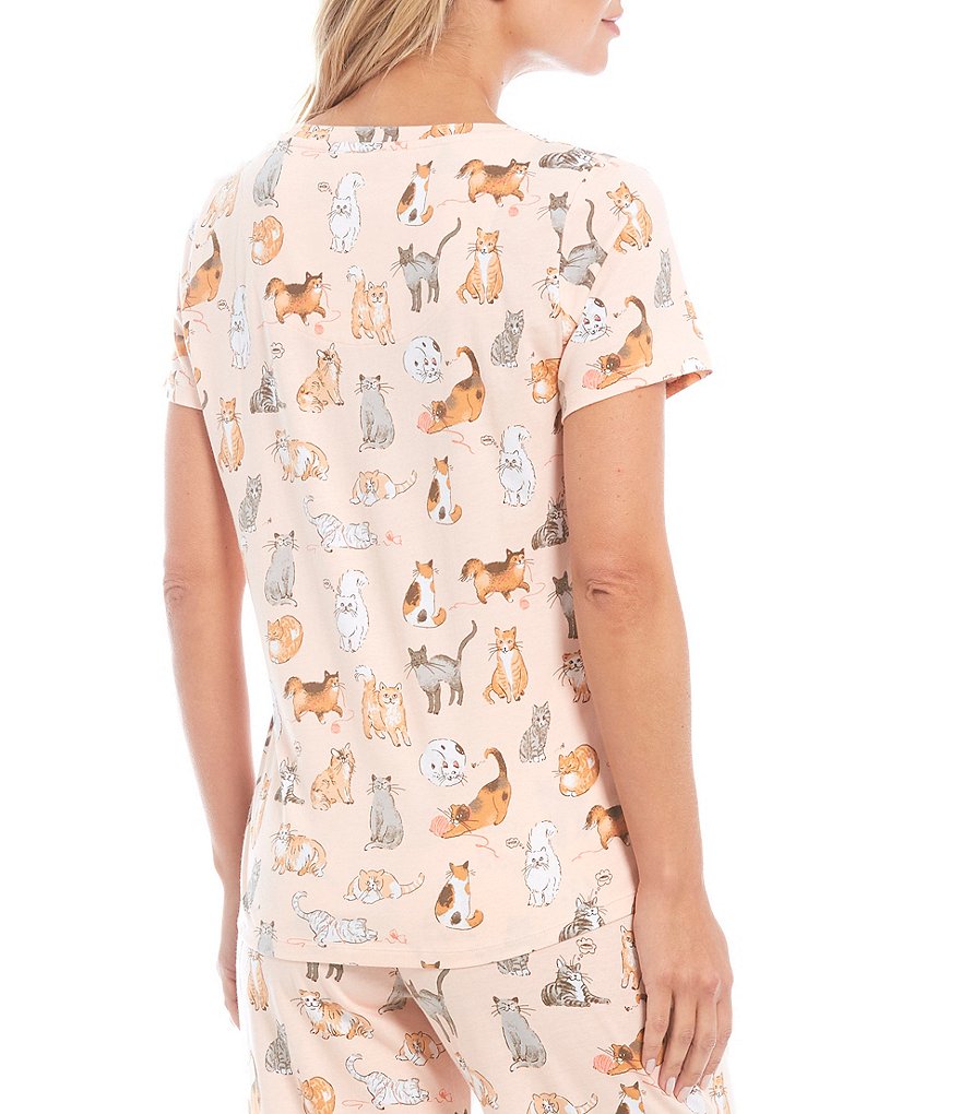 Sleep Sense Moody Cats Print Crew Neck Short Sleeve Knit Sleep Tee