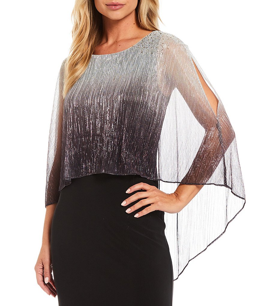 Ignite Evenings Petite Size Beaded 3/4 Sleeve Round Neck Ombre Popover Sheath Gown