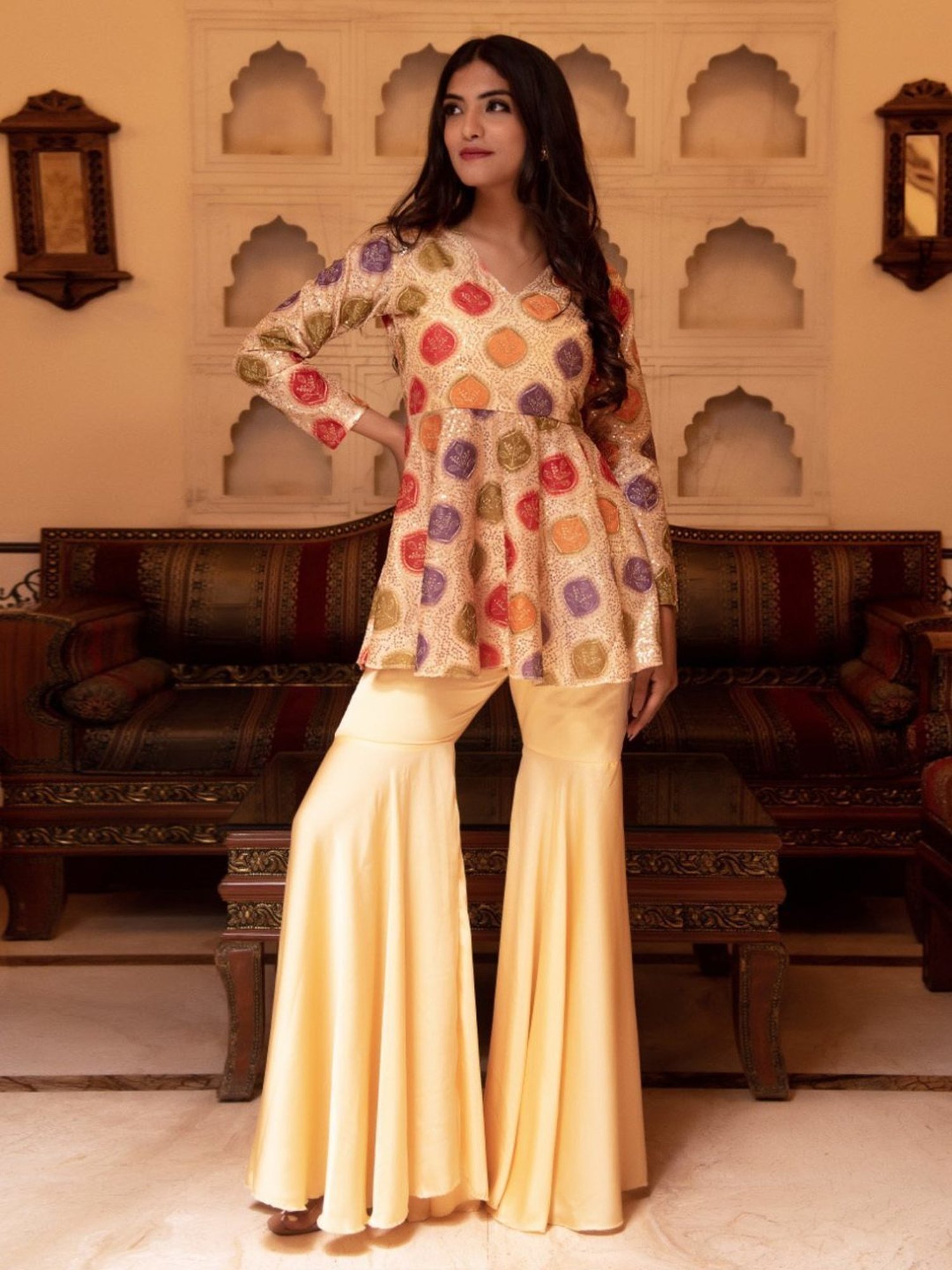 Calmna Beige Samayra Sequin Kuta with Sharara