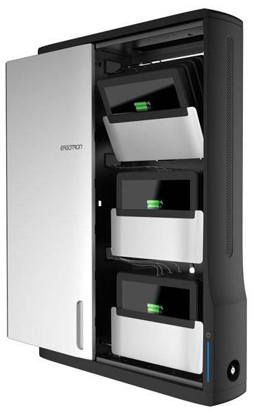 Ergotron Zip12 Charging Wall Cabinet - Up to 12" Screen Support - 44.40 lb Load Capacity - 35.6" Height x 26.4" Width x 5.9" Depth - Wall Mountable - Steel - Black, Silver