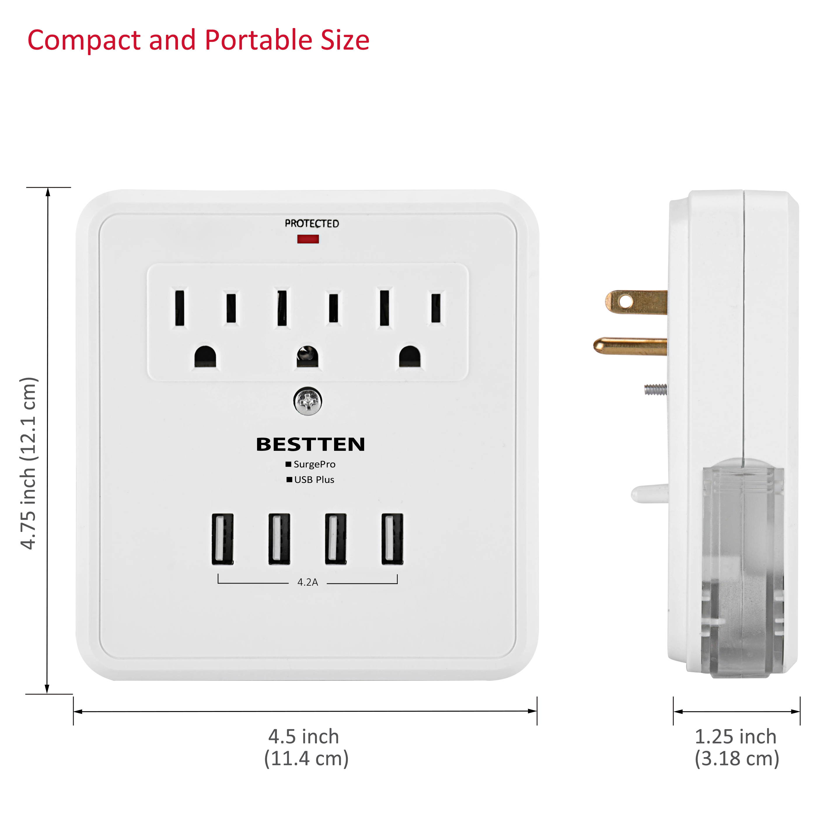 BESTTEN Outlet Extender with 4 USB Charging Ports (4.2A Total) and 3 AC Sockets, 300 Joule Surge Protector, Plug Multiplier with 2 Slide-Out Phone Holders, USB Cable Included, ETL Certified, White