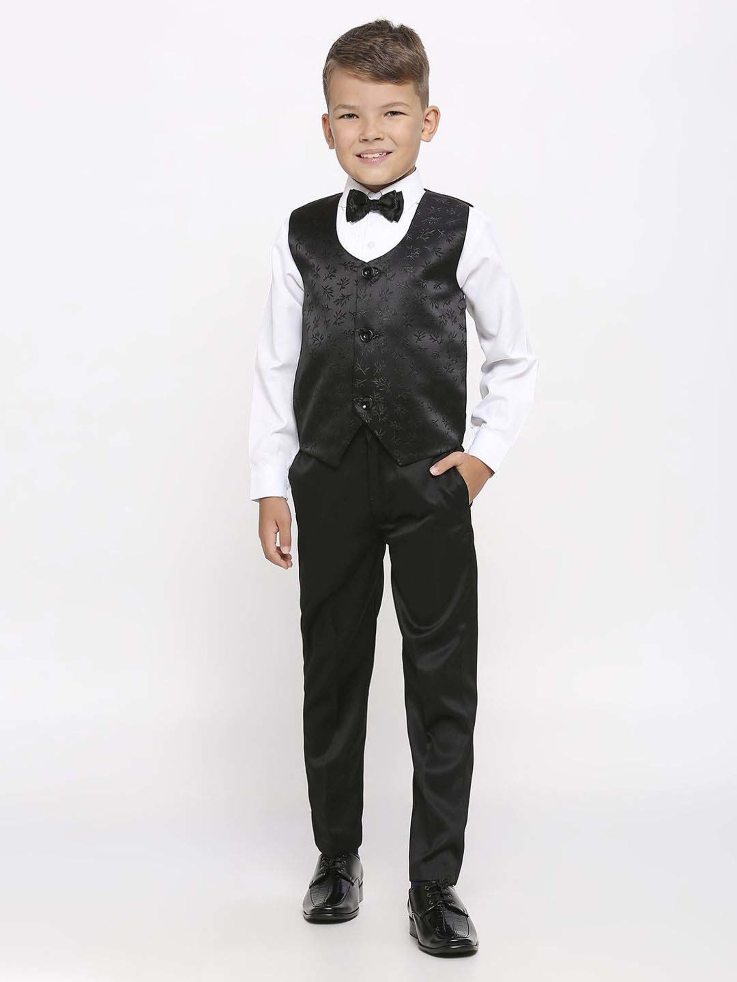 Kids Island Boys Black & White Jacquard Full Sleeves Suit Set