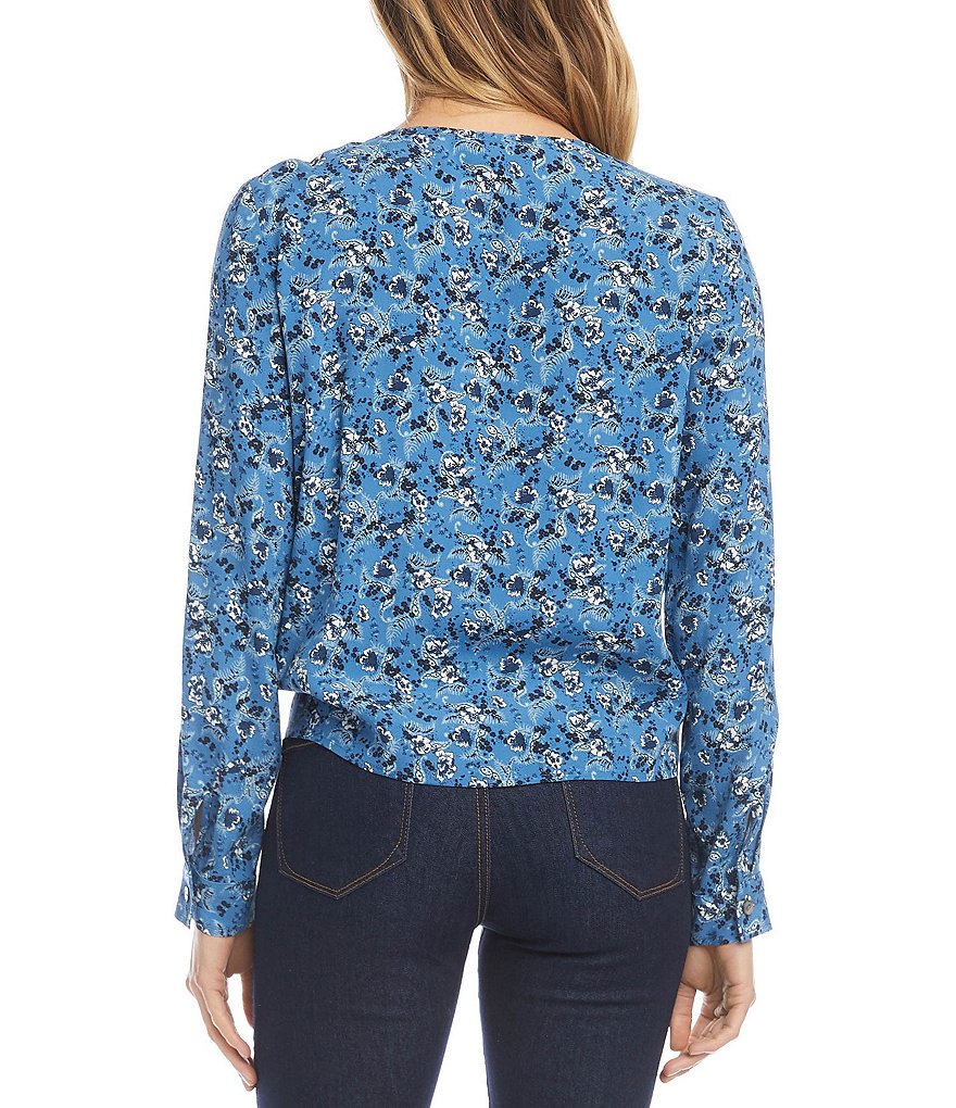 Karen Kane V-Neck Long Sleeve Printed Crepe Tie-Front Top