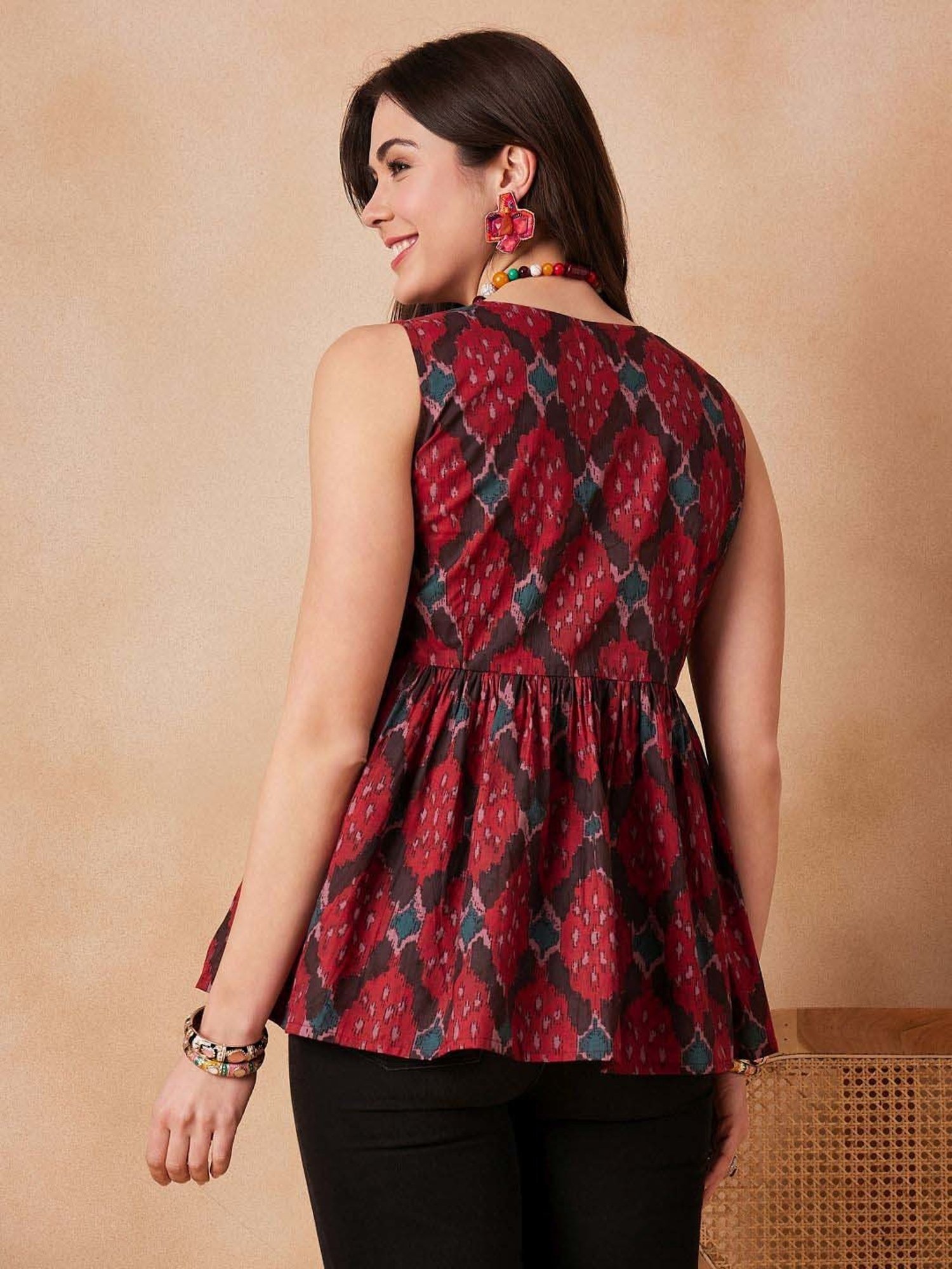 Inweave Red Cotton Printed Top
