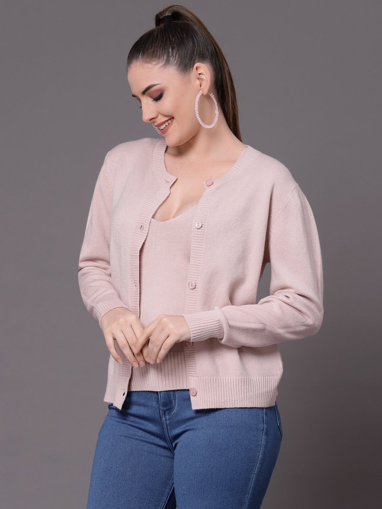 Mafadeny Peach Round Neck Cardigan