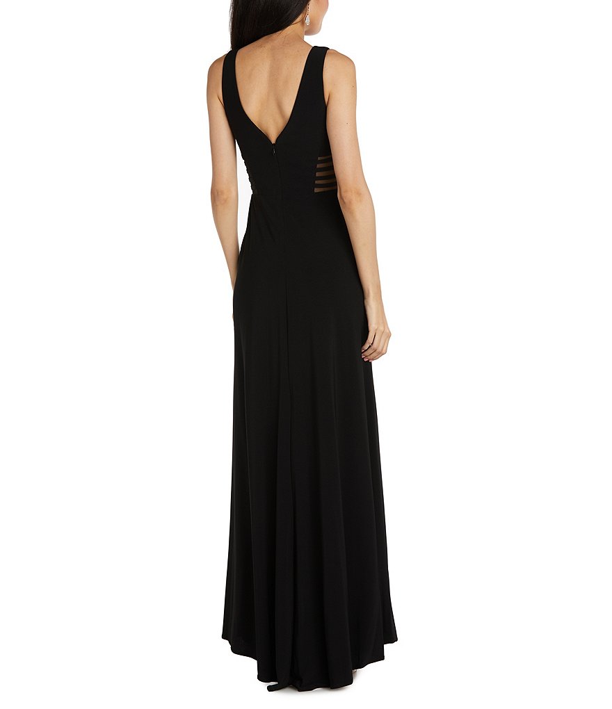 Morgan & Co. Power Mesh Deep V Plunging Neck Long Dress