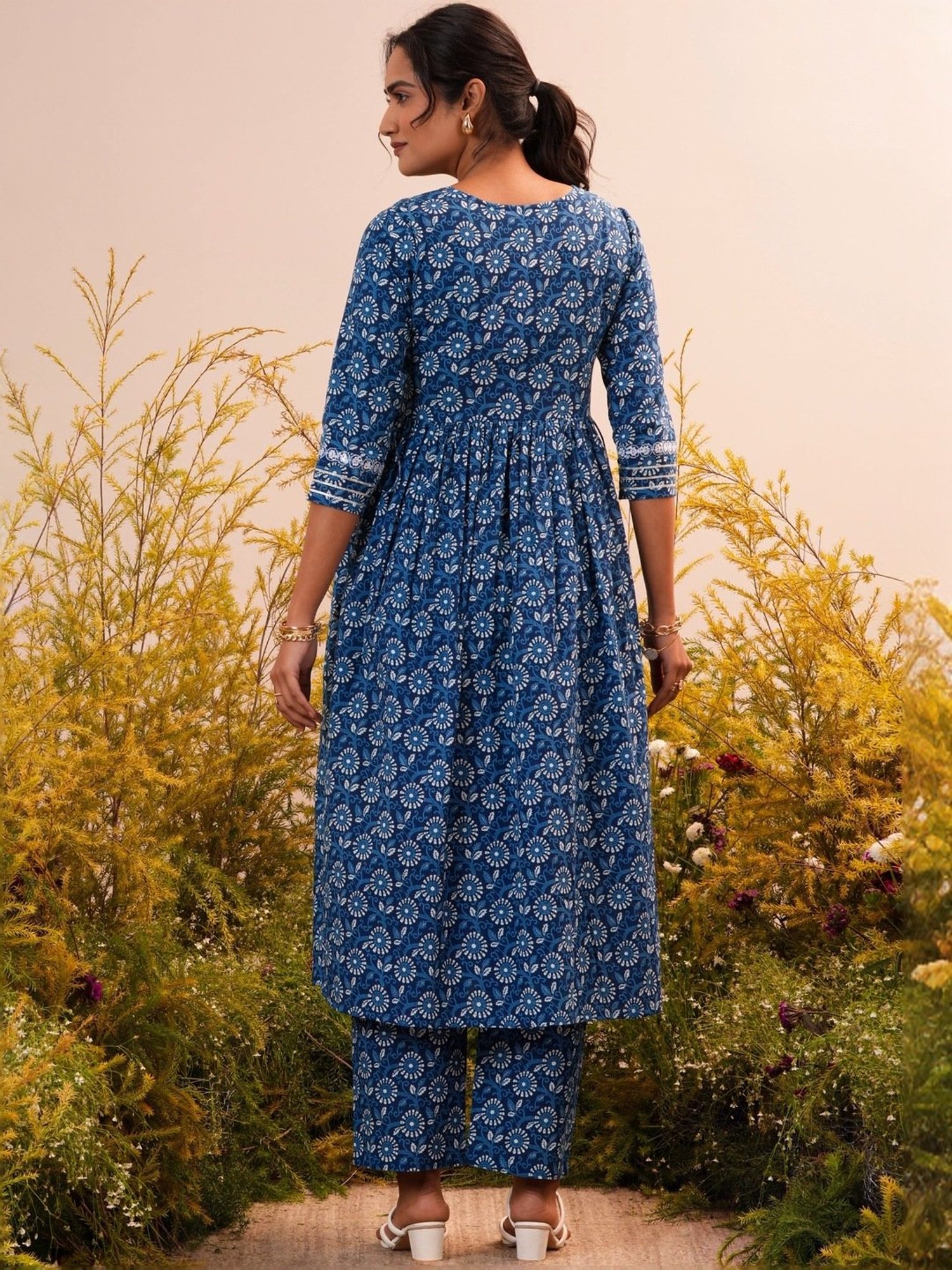 Libas Blue Cotton Printed Kurta Pant Set