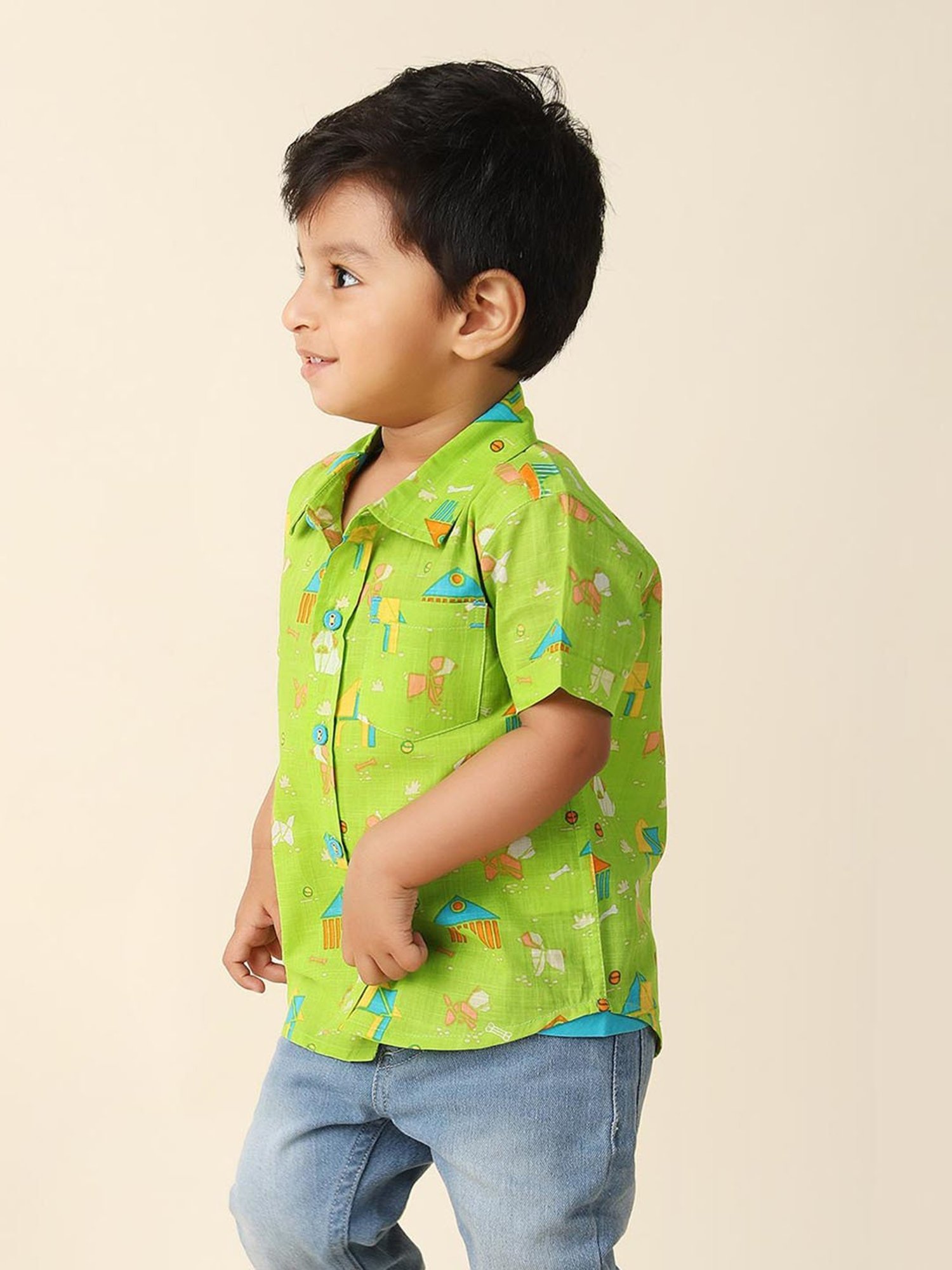 Fabindia Kids Green Printed Shirt