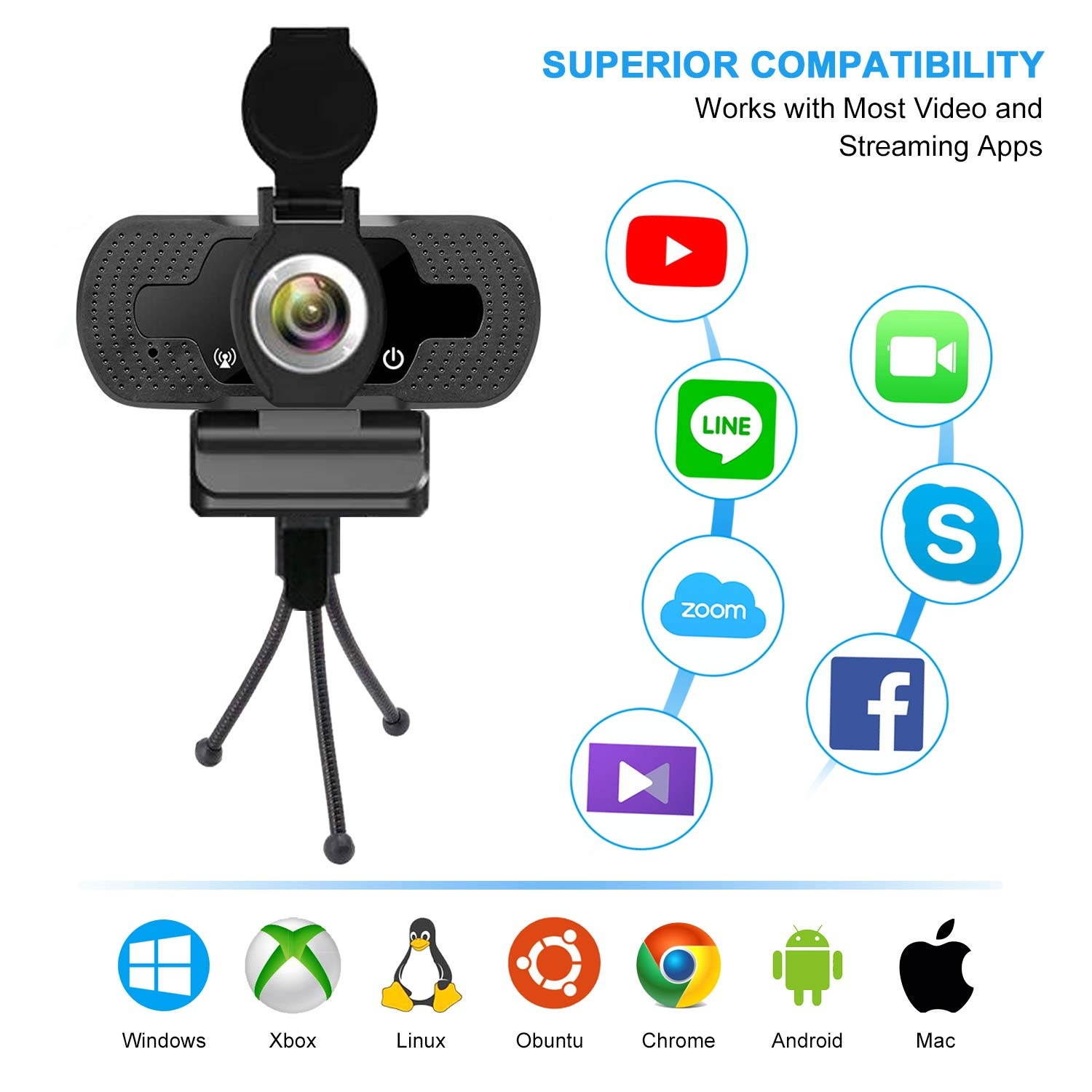 Webcam with Microphone HD Webcam 1080P with Privacy Shutter and Tripod Stand Pro Streaming Web Camera USB Computer Camera PC Mac Laptop Desktop Video Calling Conferencing Recording
