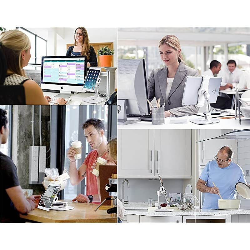 Stylish Aluminum Tablet Stand Cell Phone Holder Folding 360&deg; Swivel iPad iPhone Desk Mount Holders fits 411 Display TabletSmartphones for Kitchen Bedside Office Table POS Kiosk Showroom