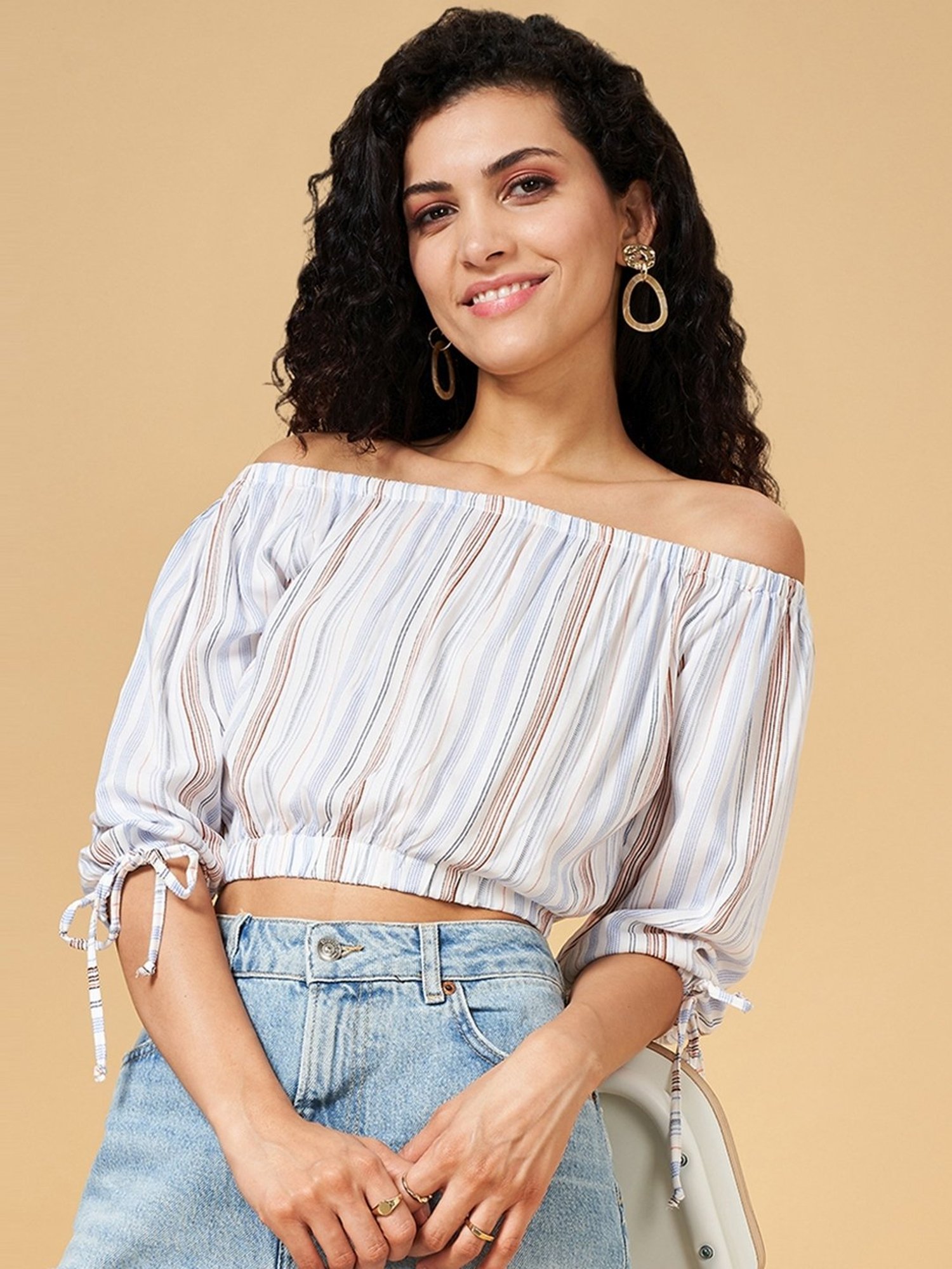 YU by Pantaloons Off-White Striped Crop Top