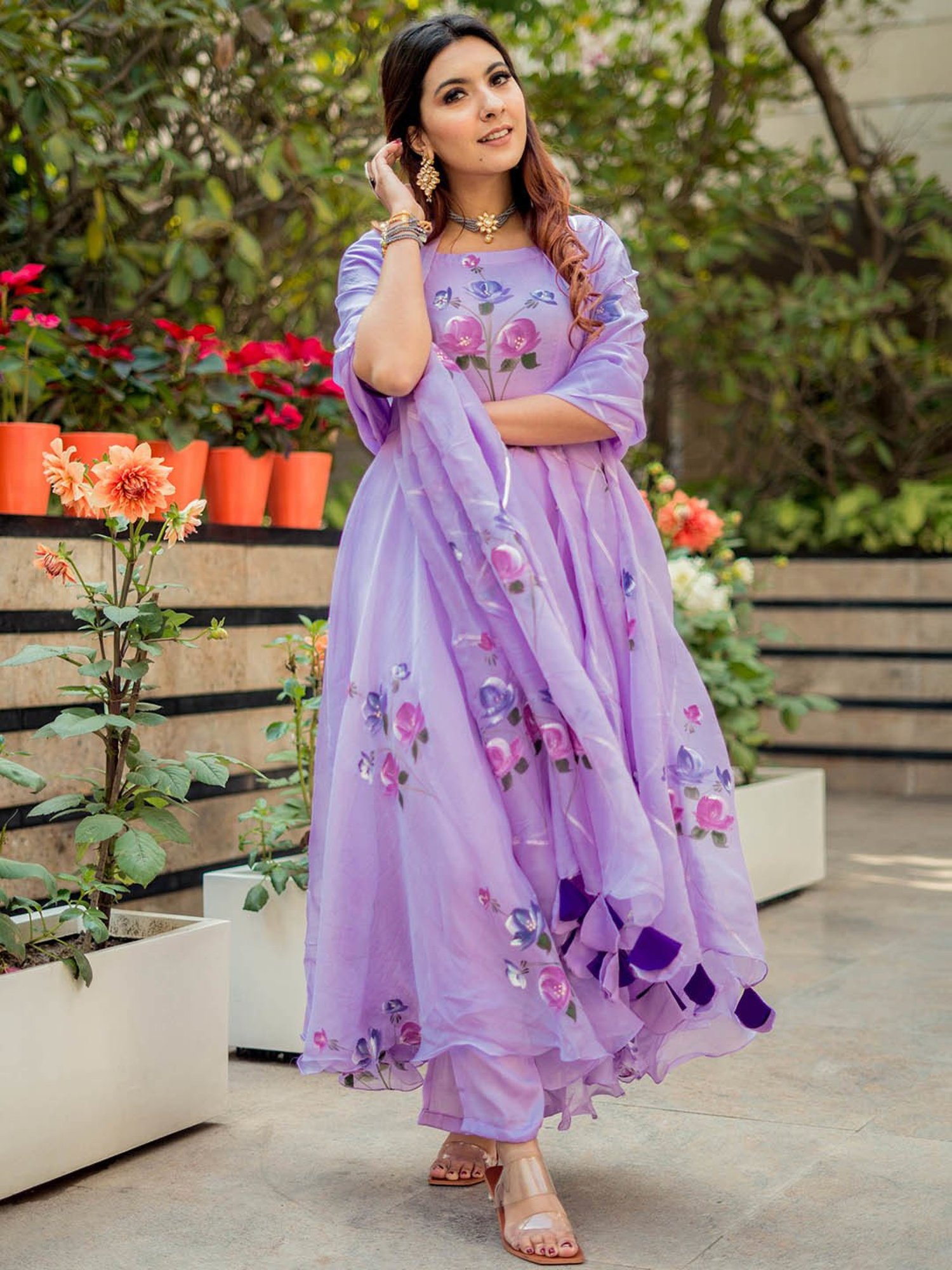 AACHHO Lilac Organza Hand Painted Suit Set