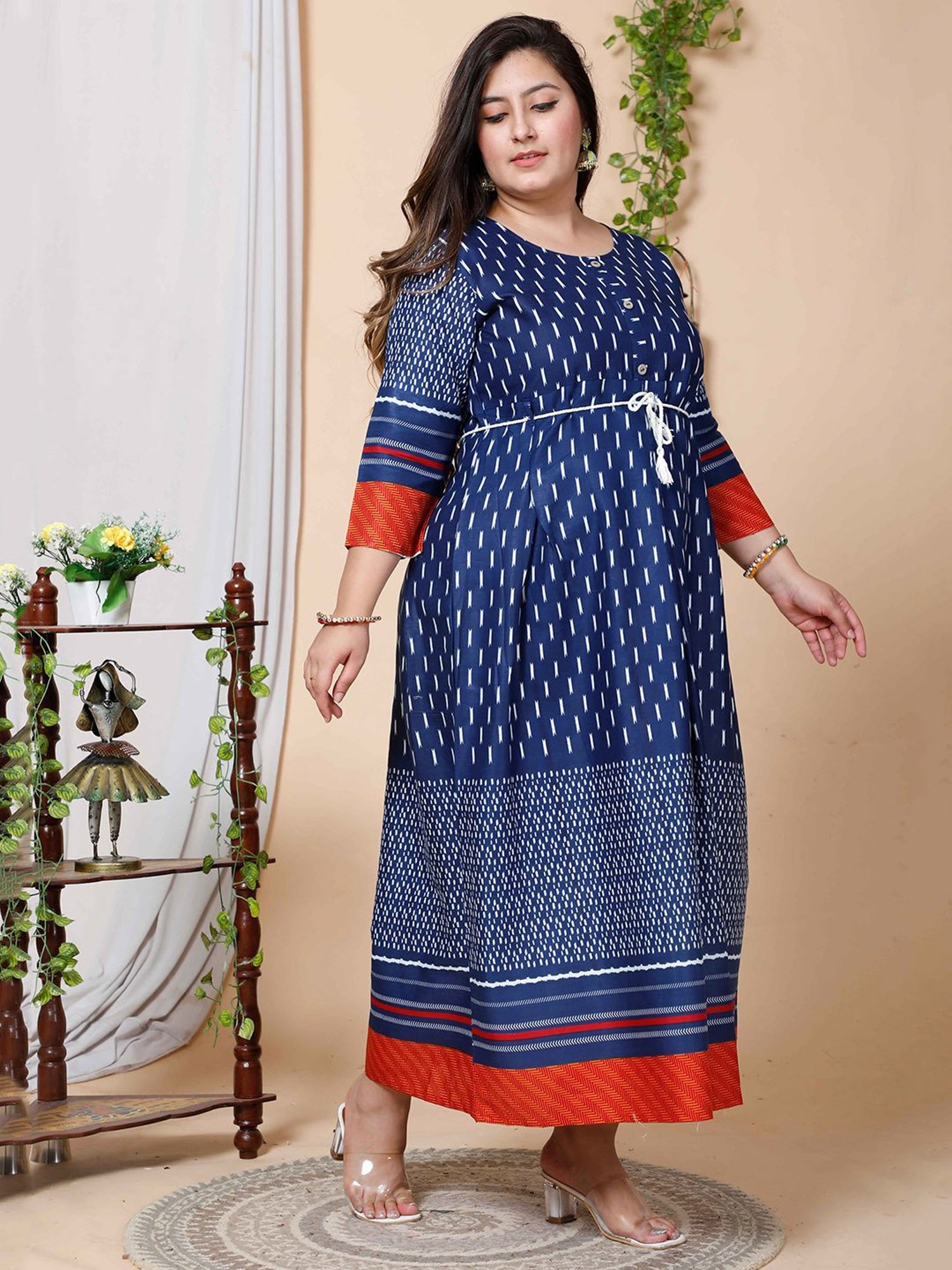 Miravan Blue Printed Plus Size A Line Kurta