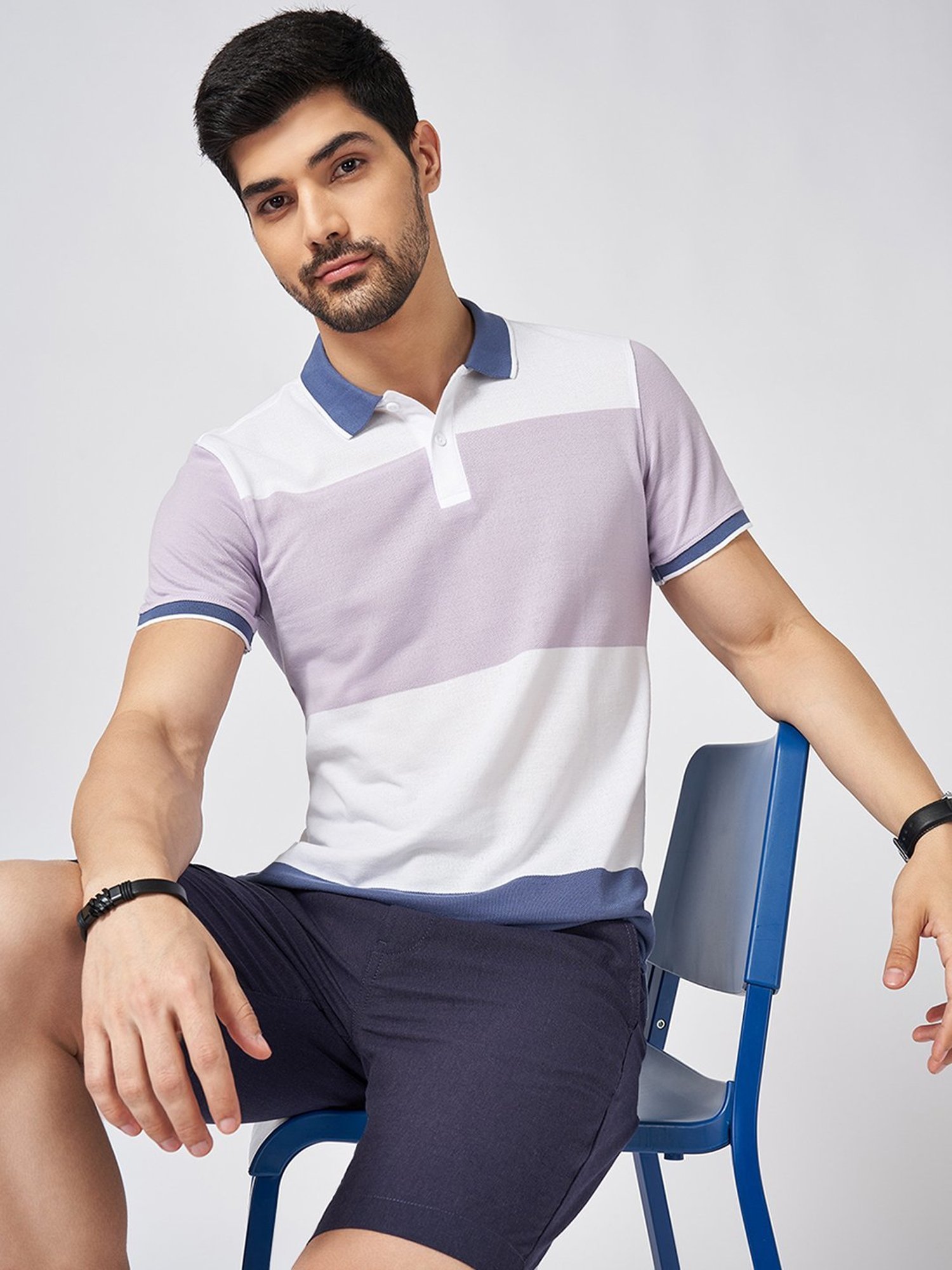 Byford By Pantaloons Multicolored Cotton Slim Fit Colour Block Polo T-Shirt