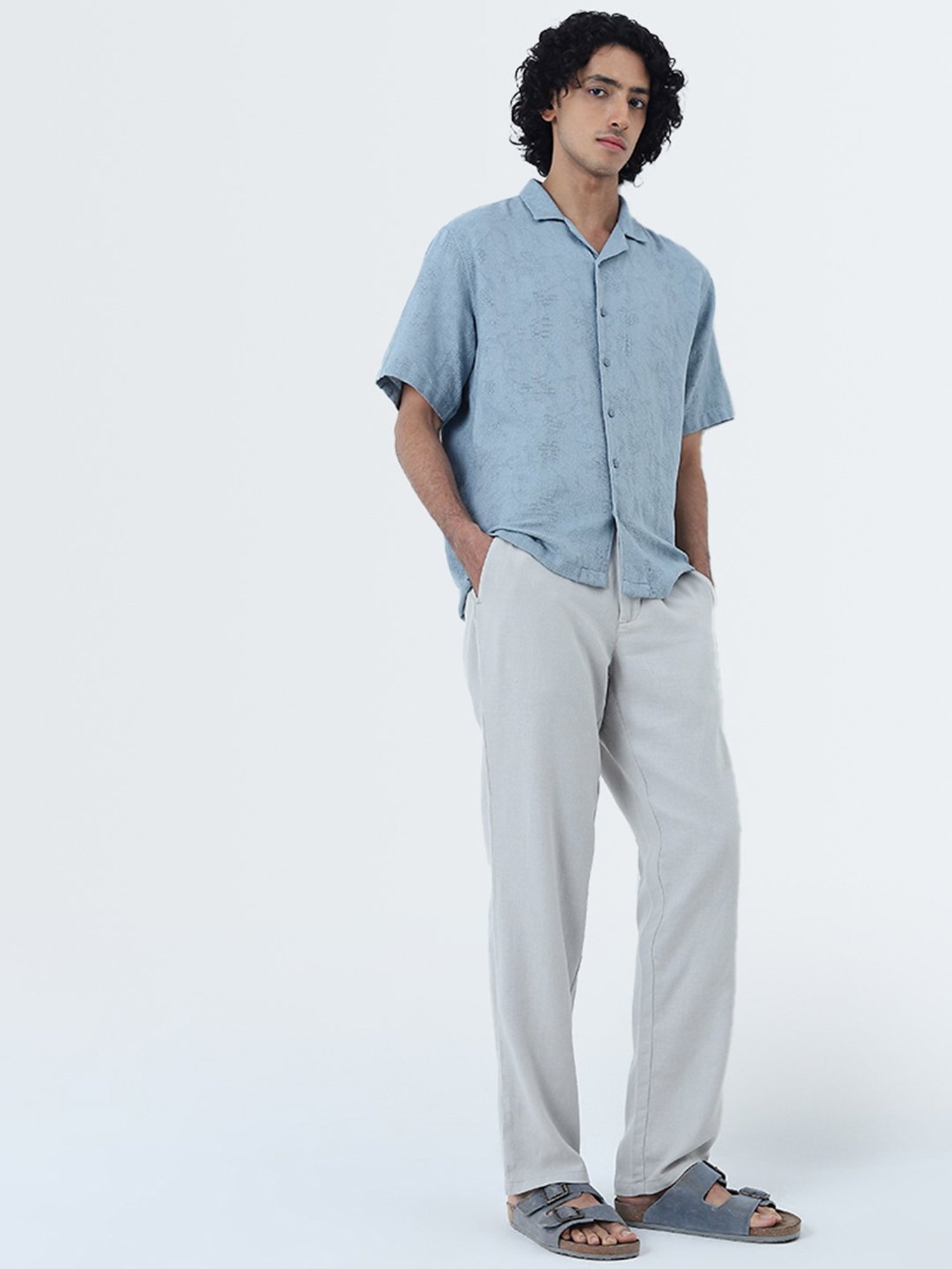 ETA by Westside Dusty Blue Textured Relaxed-Fit Cotton Shirt
