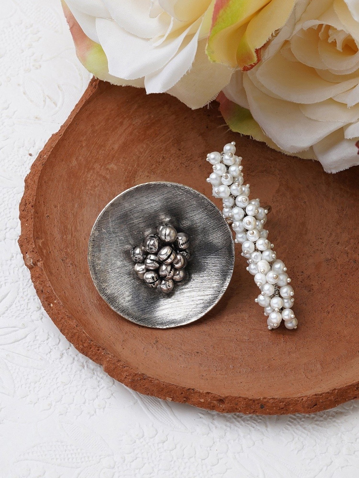 Teejh Ethnic Aklima Pearl and Silver Oxidized Rings for Women