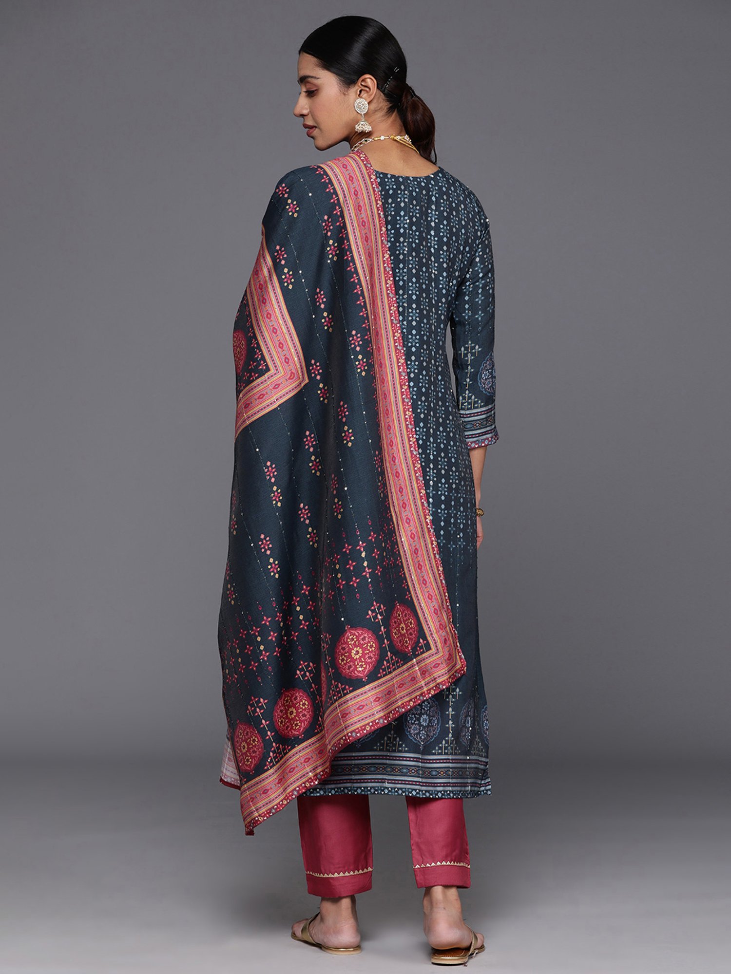 Varanga Blue & Pink Cotton Printed Kurta Pant Set With Dupatta