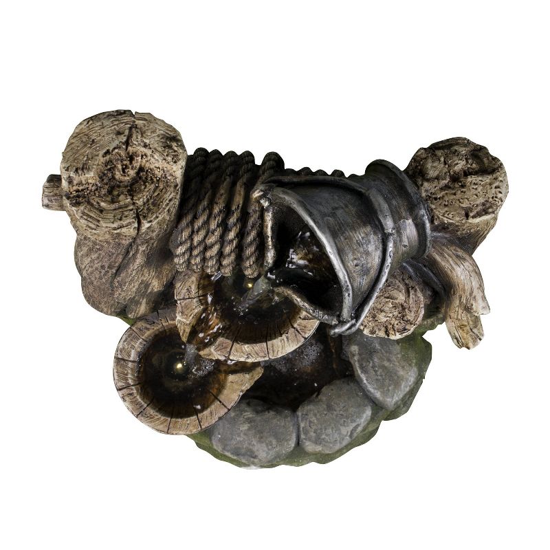 20" 2 Buckets Tiered Well Fountain with Pouring Pail and LED Lights Brown - Hi-Line Gift