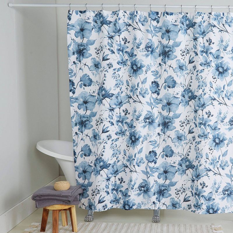 72"x72" Wild Flower Cotton Fabric Shower Curtain Blue - Nicole Miller