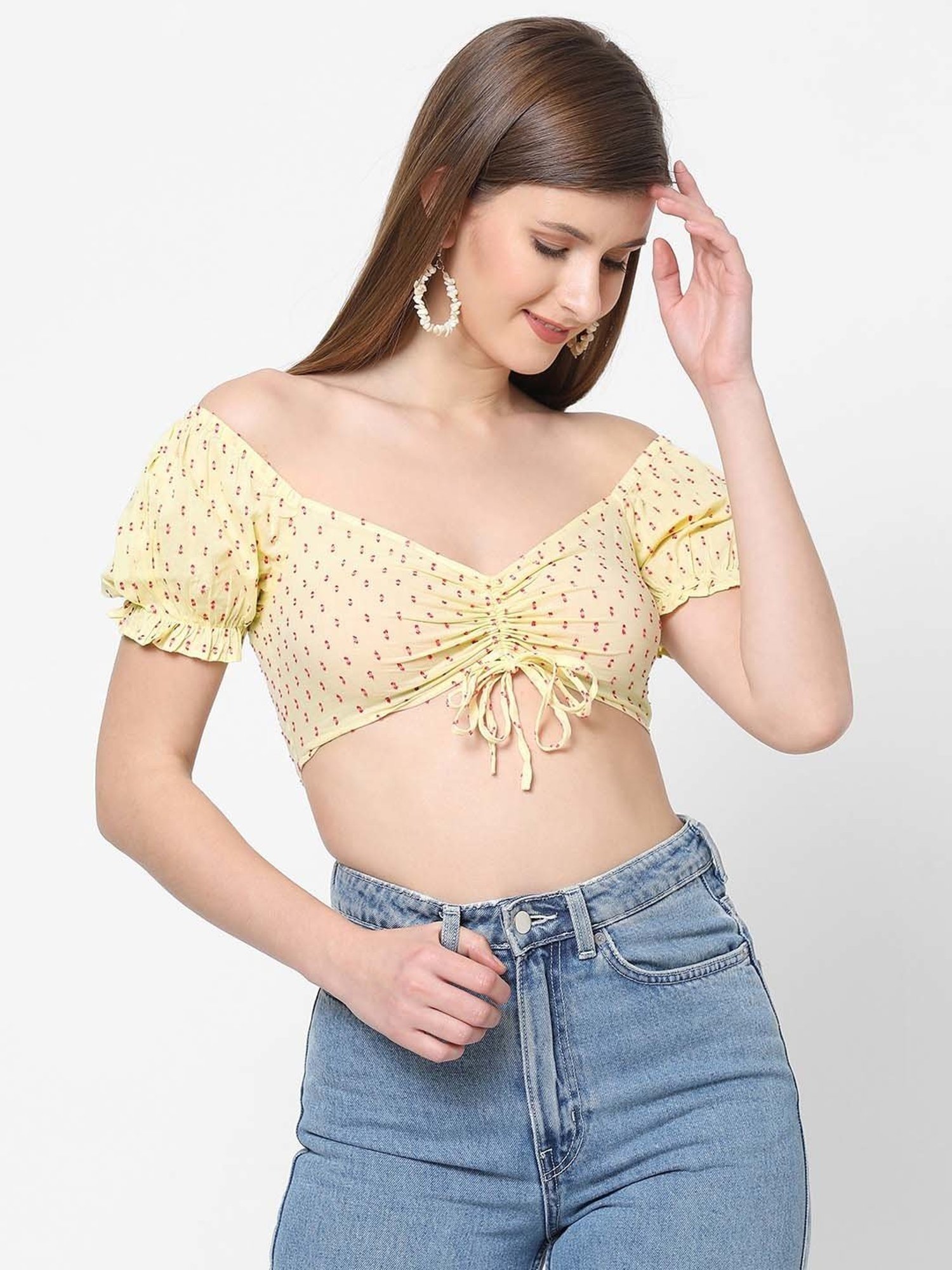 VASTRADO Yellow Cotton Self Pattern Crop Top