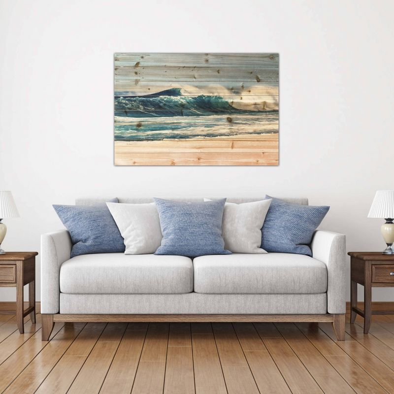 24" x 36" Waves Crashing Print on Planked Wood Wall Sign Panel - Gallery 57