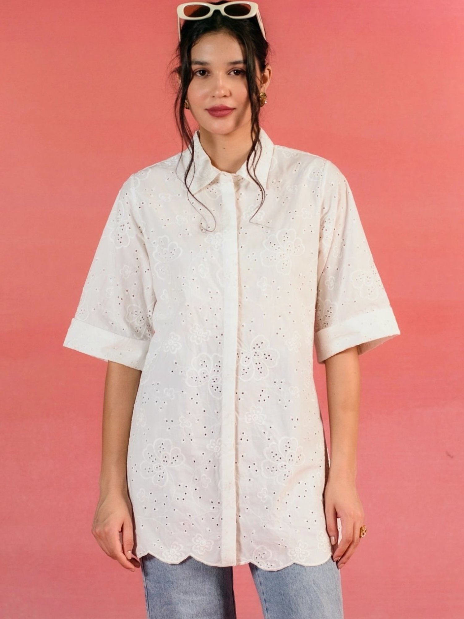 Kameez by Pooja White Embroidered Poplin Shirt