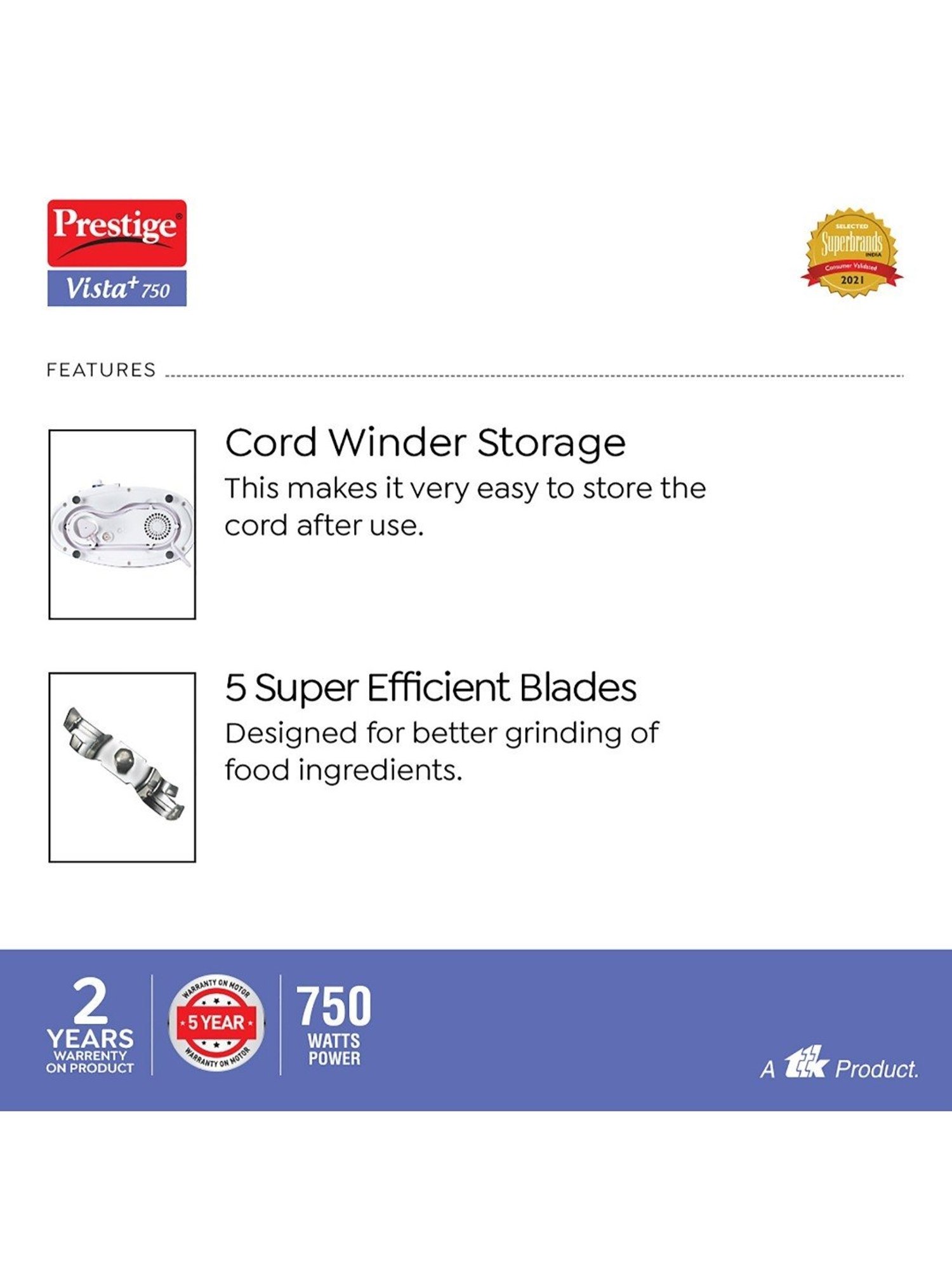 Prestige Deluxe LS Blue 750W Mixer Grinder with 3 Stainless Steel Jars