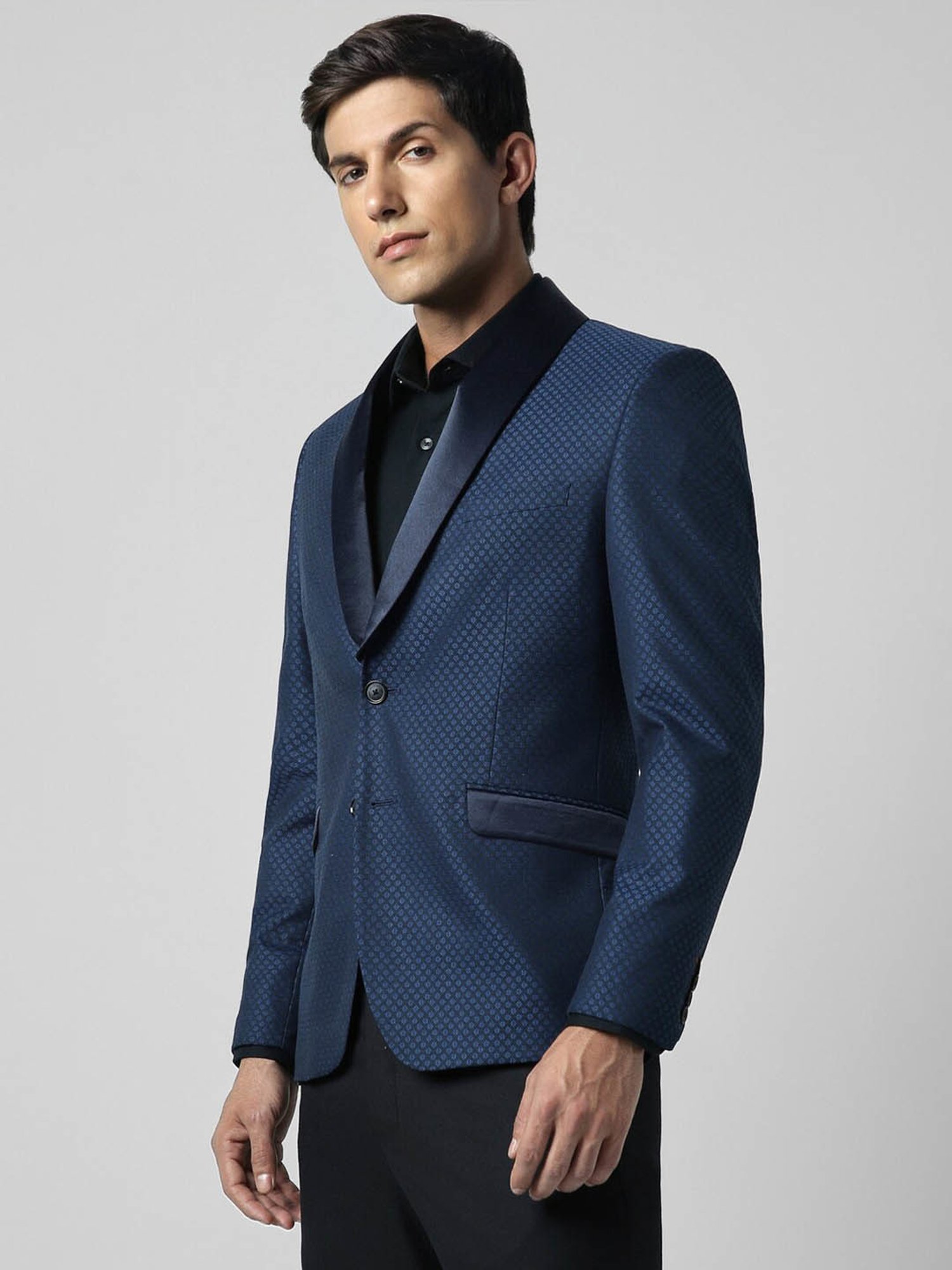 V Dot Navy Skinny Fit Self Pattern Blazer