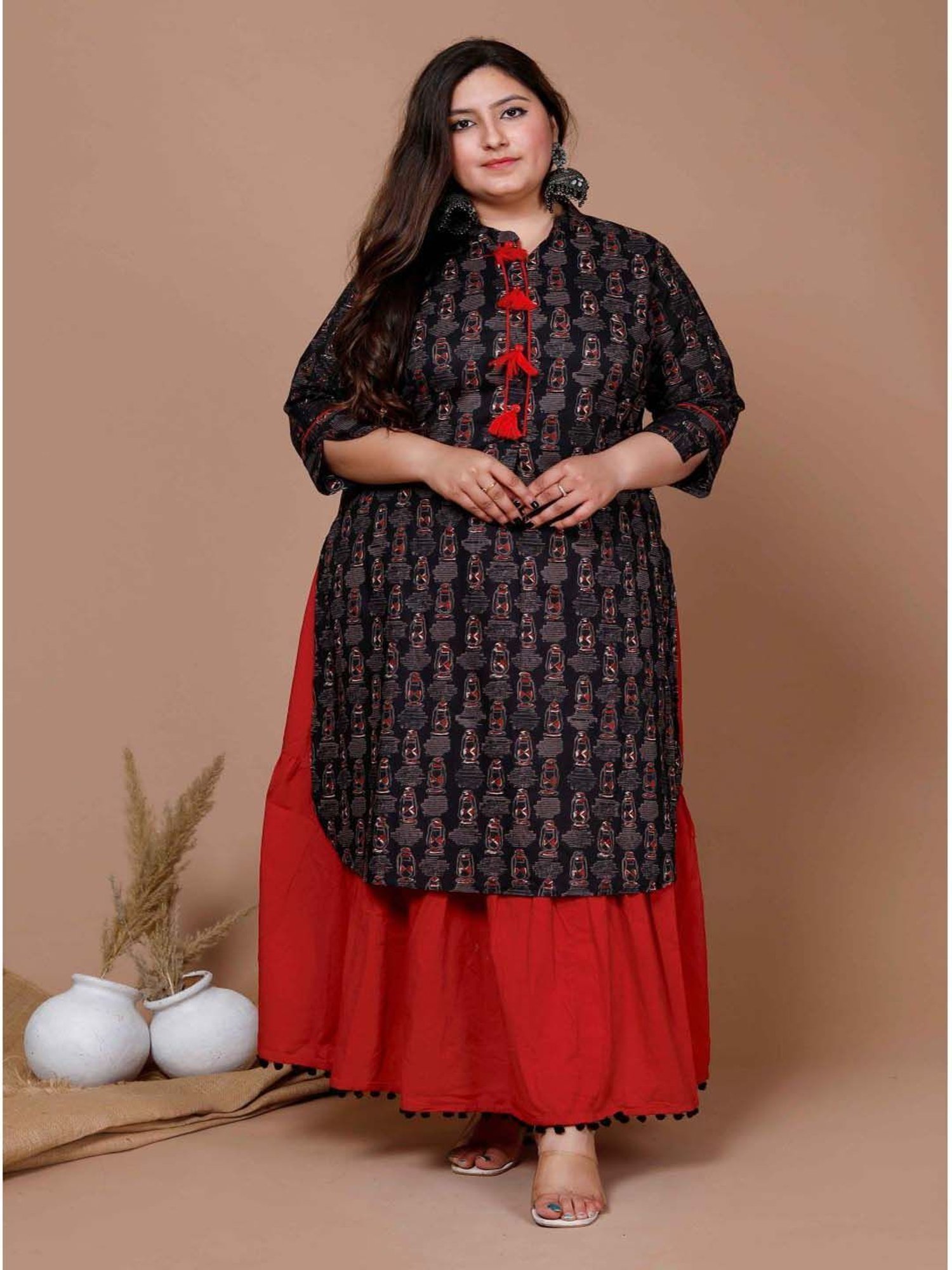 Miravan Black & Red Cotton Printed Kurta Palazzo Set