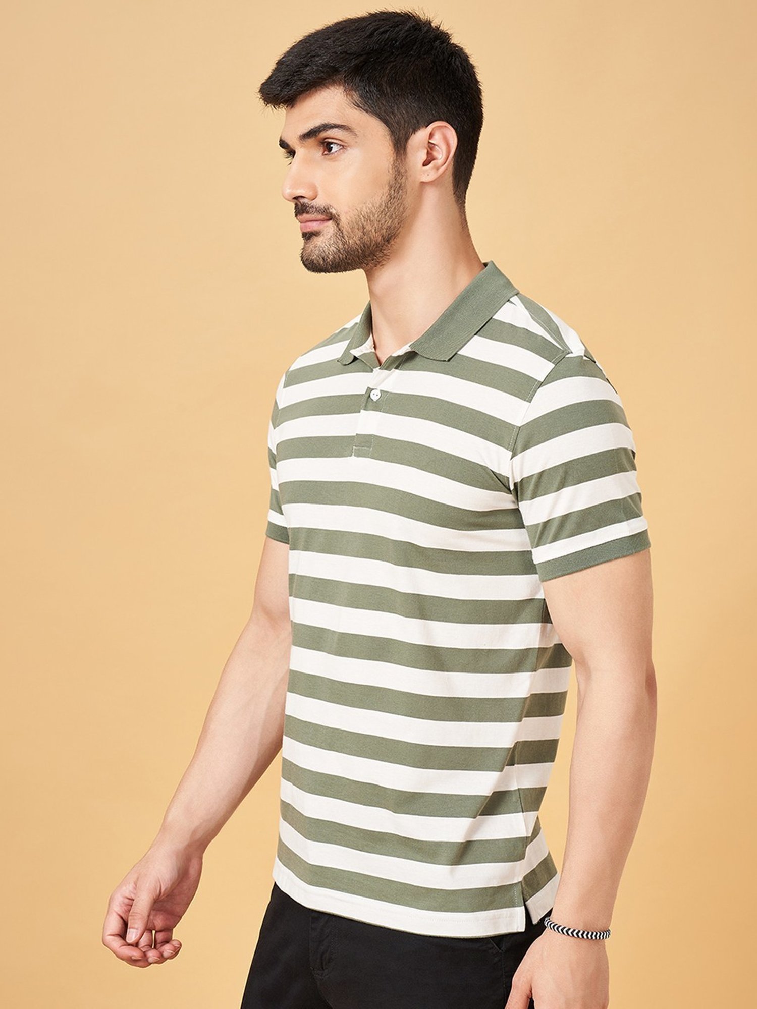 Byford By Pantaloons Olive Slim Fit Striped Polo T-Shirt