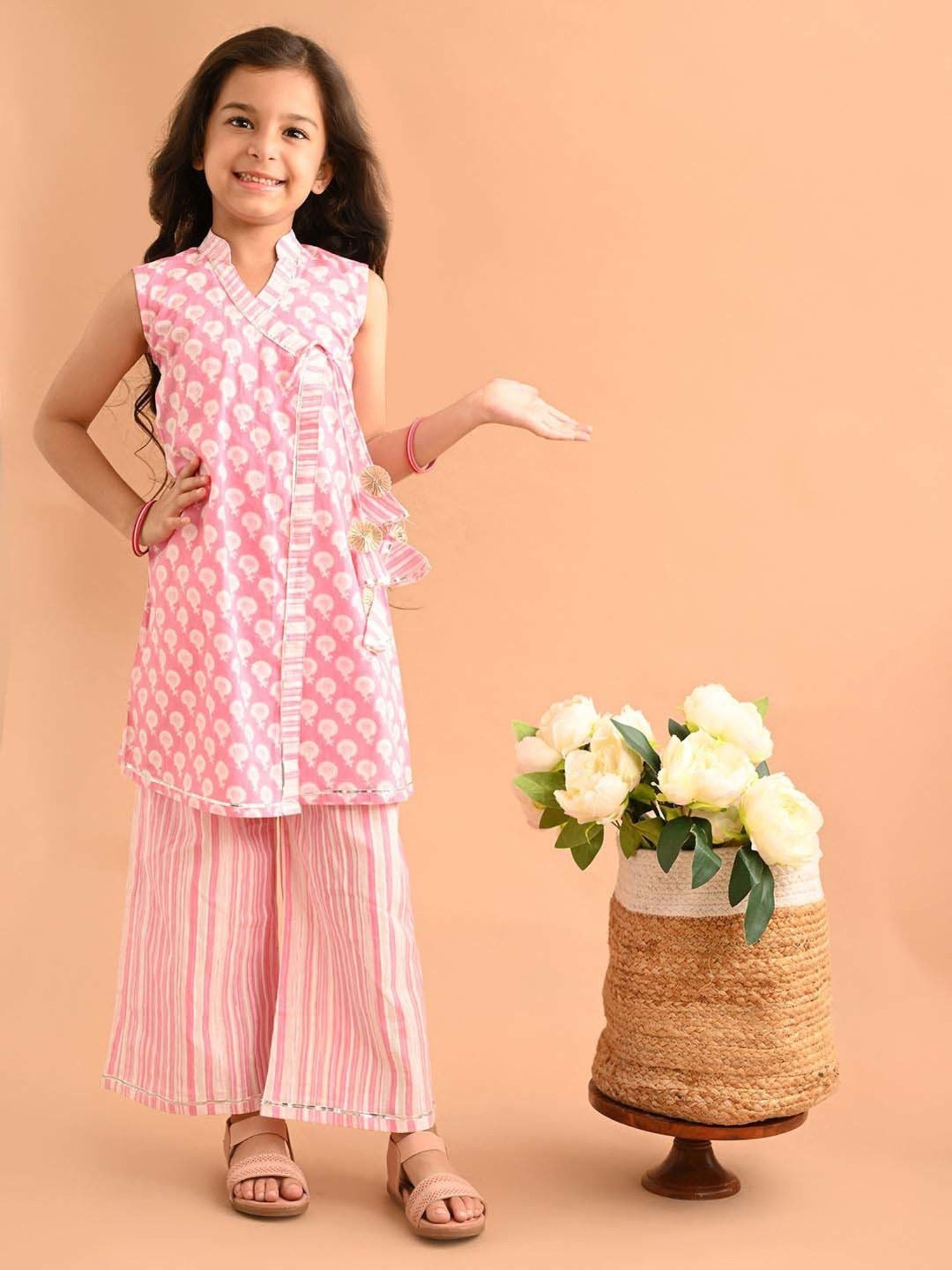 LilPicks Kids Pink & White Cotton Printed Kurta Set