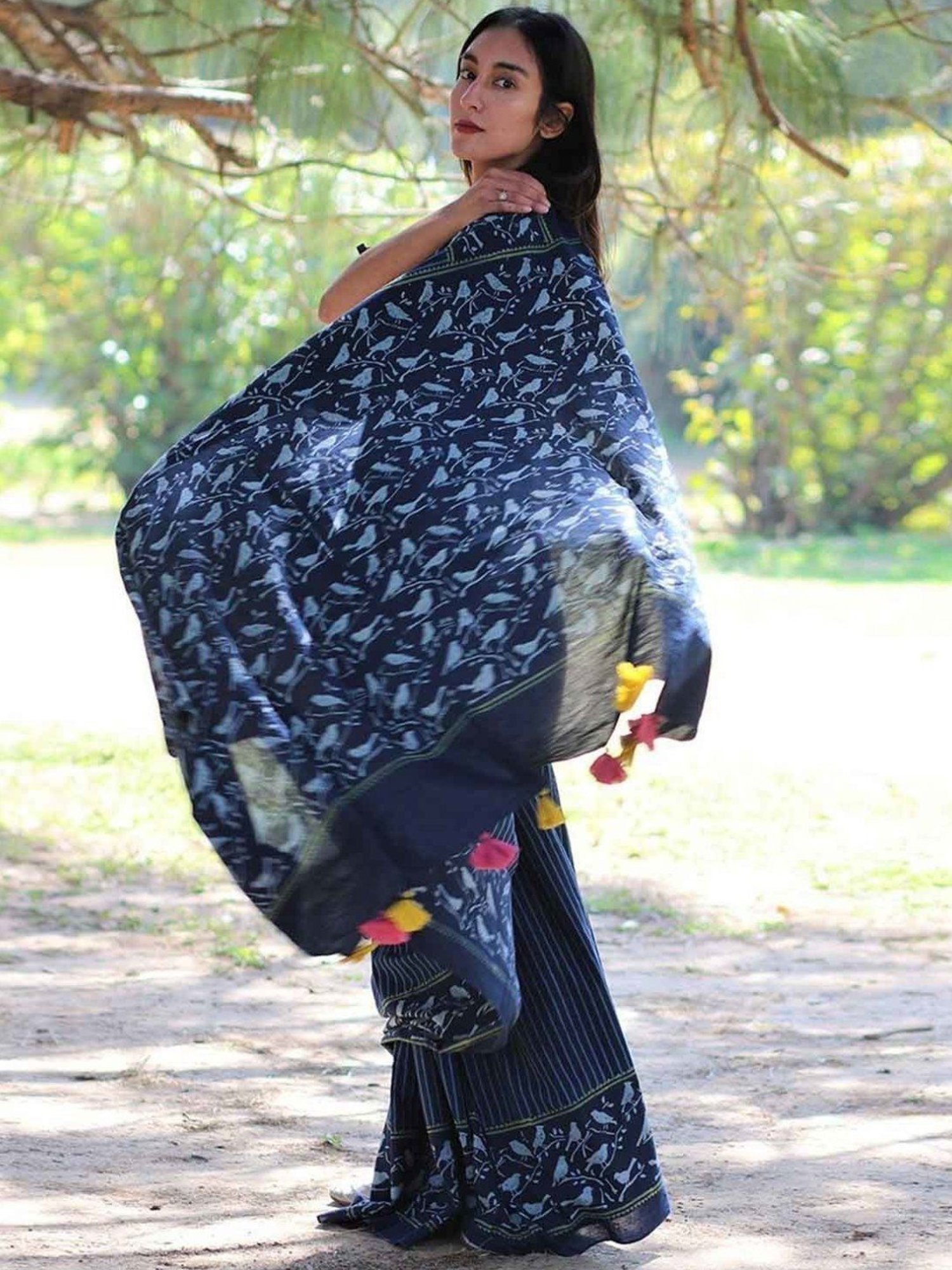 Chidiyaa Blue Block Printed Cotton Mul Saree