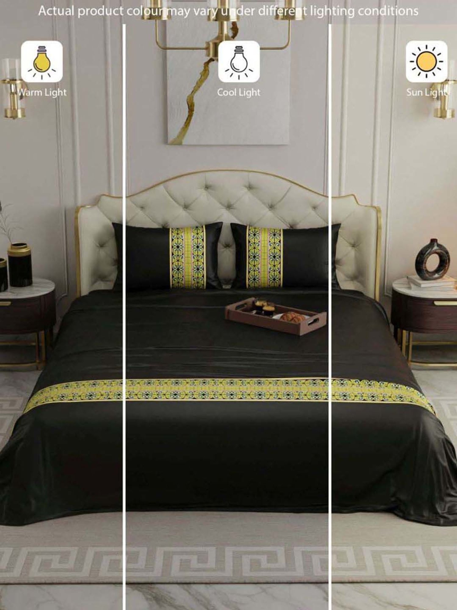 Stoa Paris Versailles Applique Print Black 300 TC Sateen Double Bedsheet with 2 Pillow Covers