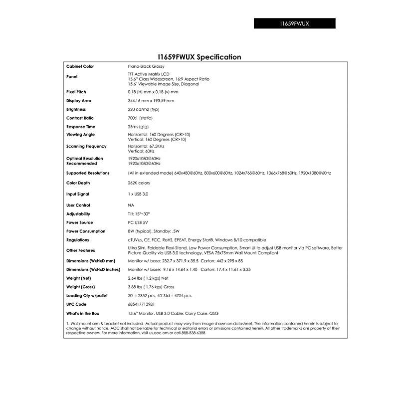 I1659FWUX 15.6" USB-powered portable monitor, Full HD 1920x1080 IPS, Built-in Stand, VESA