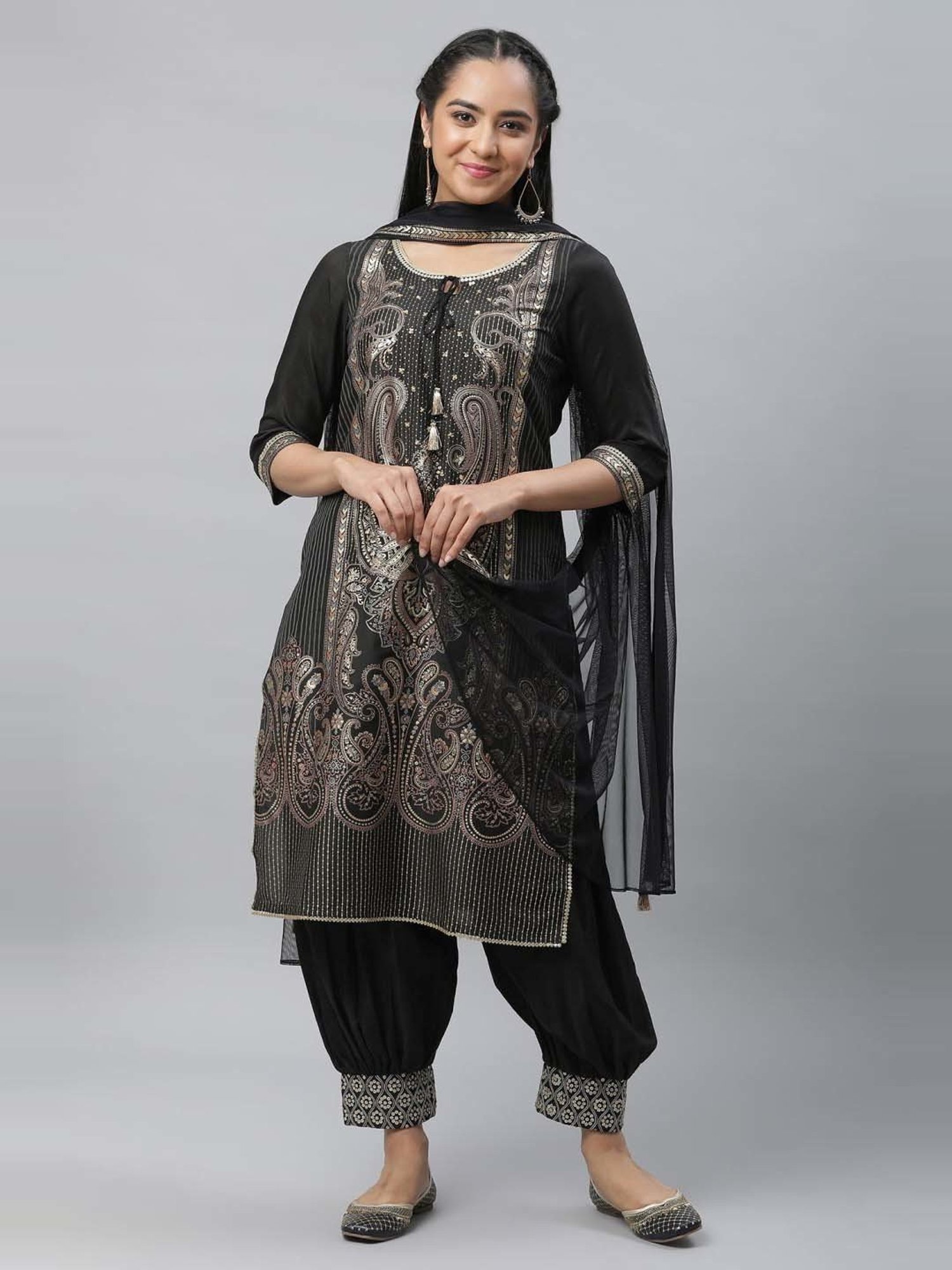 Aurelia Black Printed Kurta Salwar Set With Dupatta