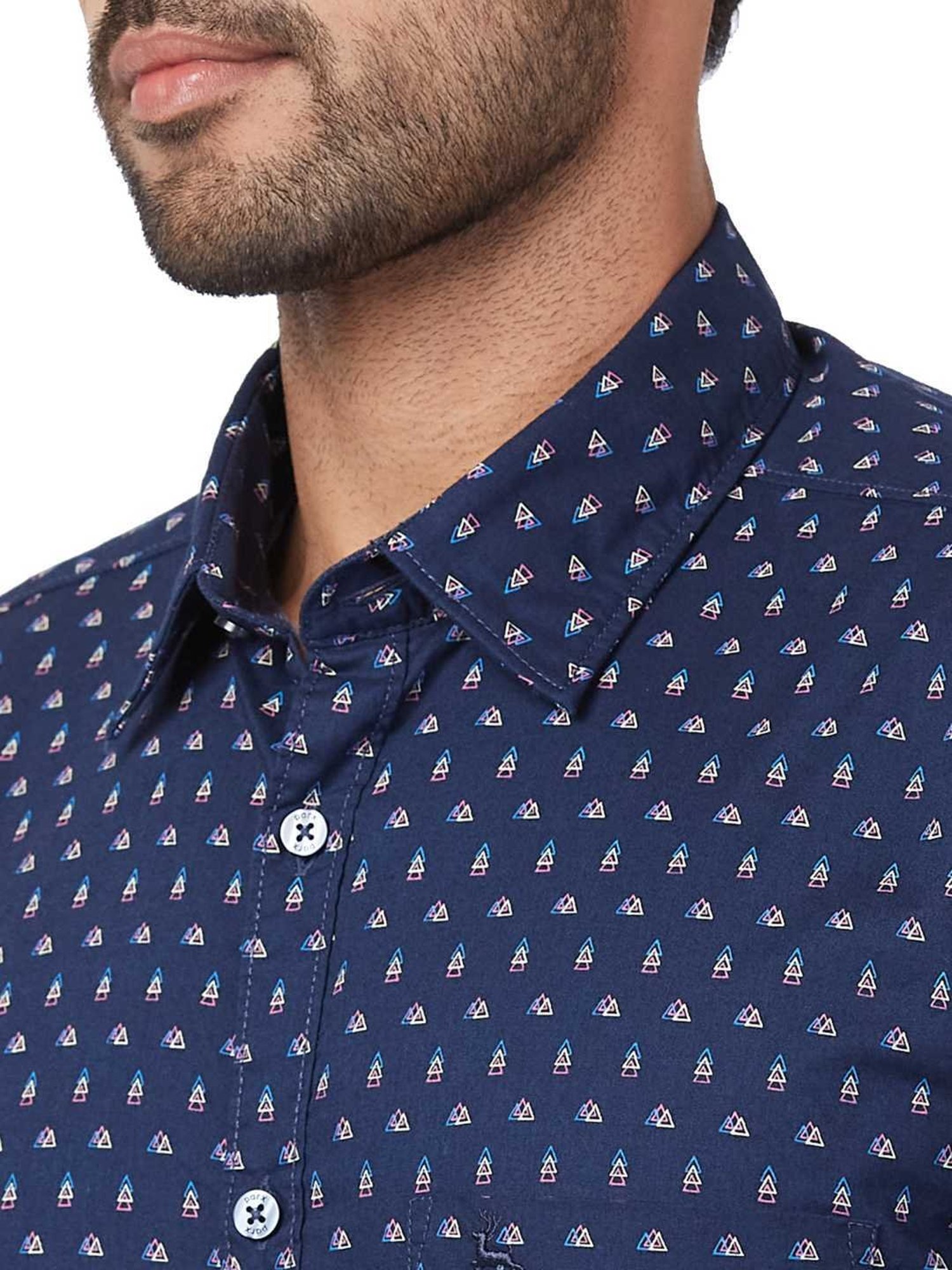 Parx Blue Cotton Slim Fit Printed Shirt