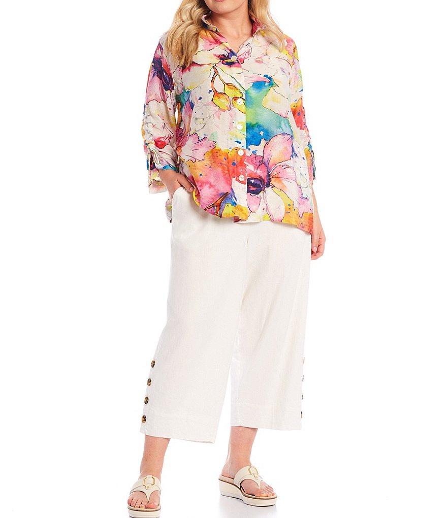 John Mark Plus Size Allover Floral Print Wire Point Collar Neck 3/4 Drawstring Sleeve Button Down Blouse