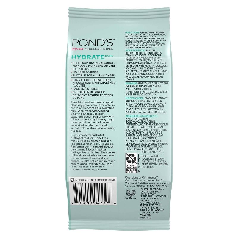 Pond's Vitamin Micellar Hydrate Facial Wipes - Vit B3 - Aloe Vera - 25ct