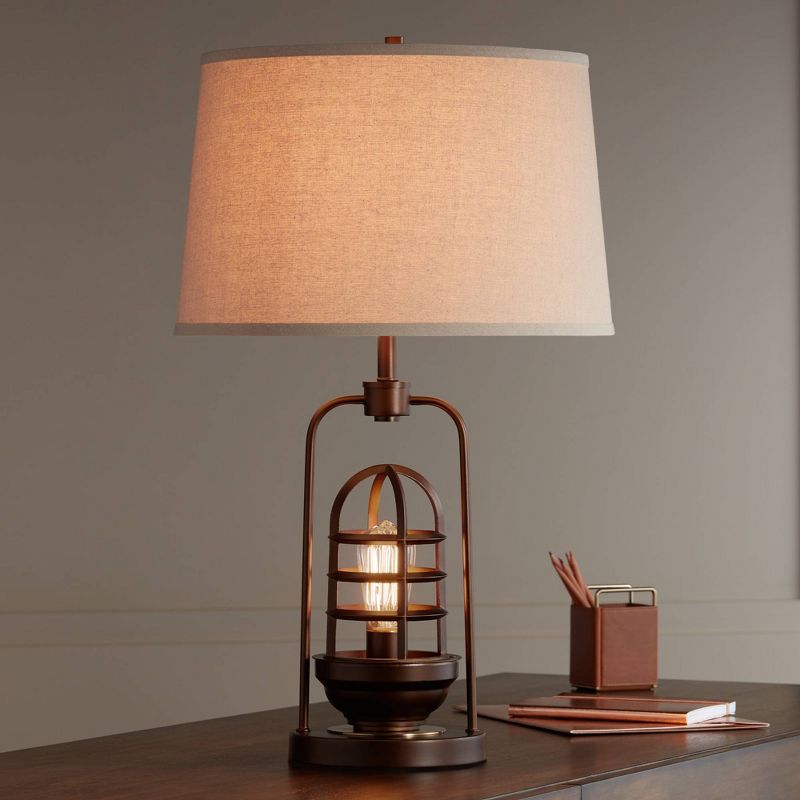 Possini Euro Design Industrial Table Lamp Oil Rubbed Bronze Clear Glass Burlap Tapered Drum Shade for Living Room Bedroom Bedside