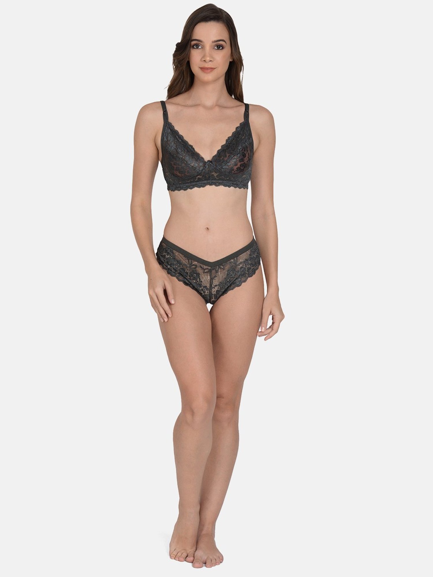 mod & shy Grey Self Pattern Lingerie Set