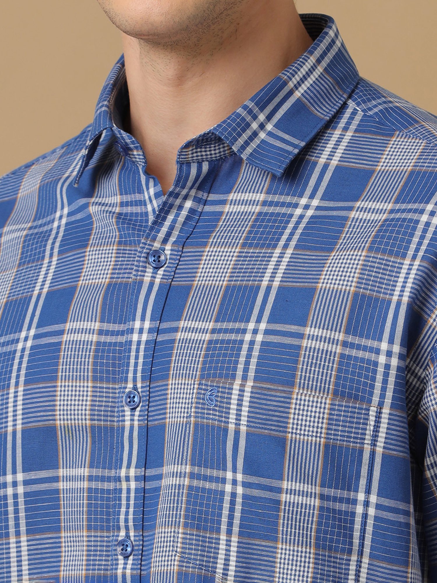 CAVALLO by Linen Club Blue Contemporary Fit Check Shirt