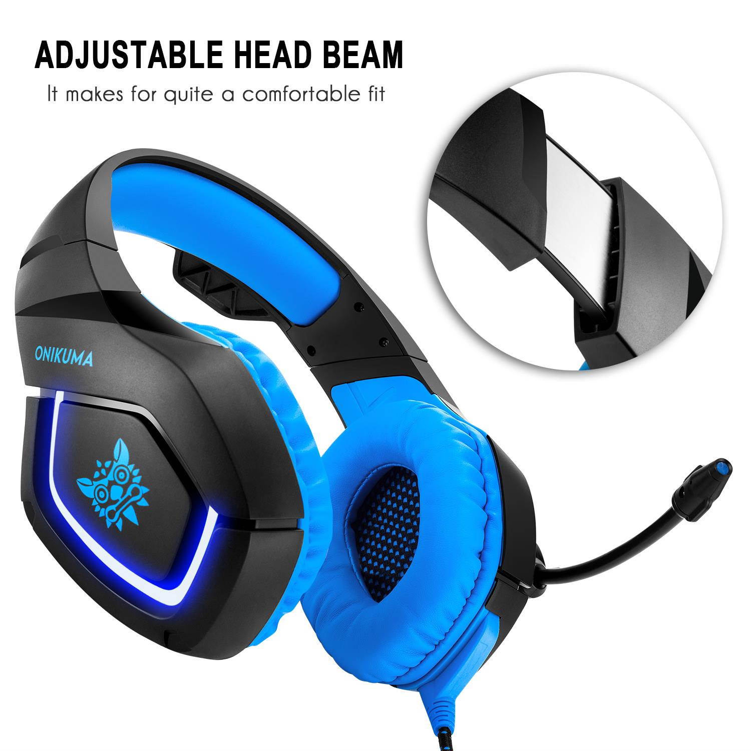 ONIKUMA K1-B with LED Black and blue Gaming Headset Wired Stereo Game Headphones Noise-canceling Gaming Headphone with Mic for PS4 Xbox One Laptop Computer Cellphone