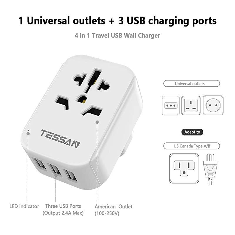 European to US Plug Adapter with 3 USB  Type B UK to US Power Adapter EU Europe Australia China to USA American Outlet Adaptor